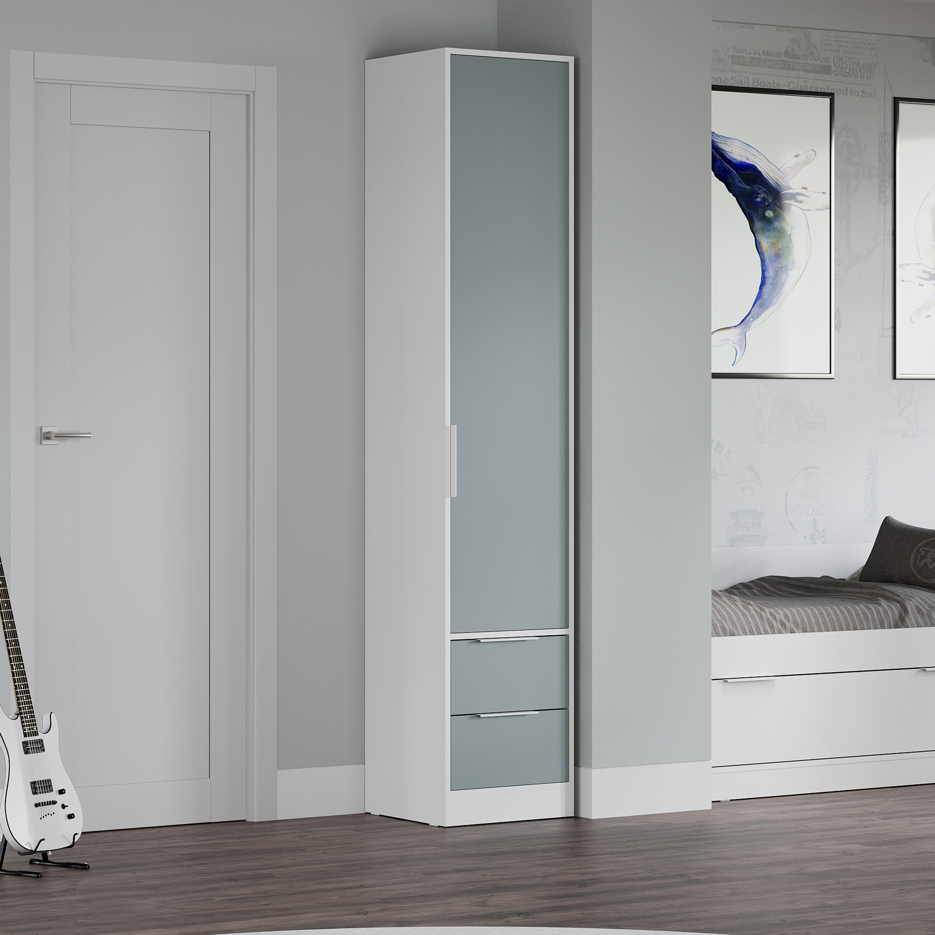 Изображение товара Детский шкаф Трия 44x213x41 см из ЛДСП с 2 ящиками и распашной дверью