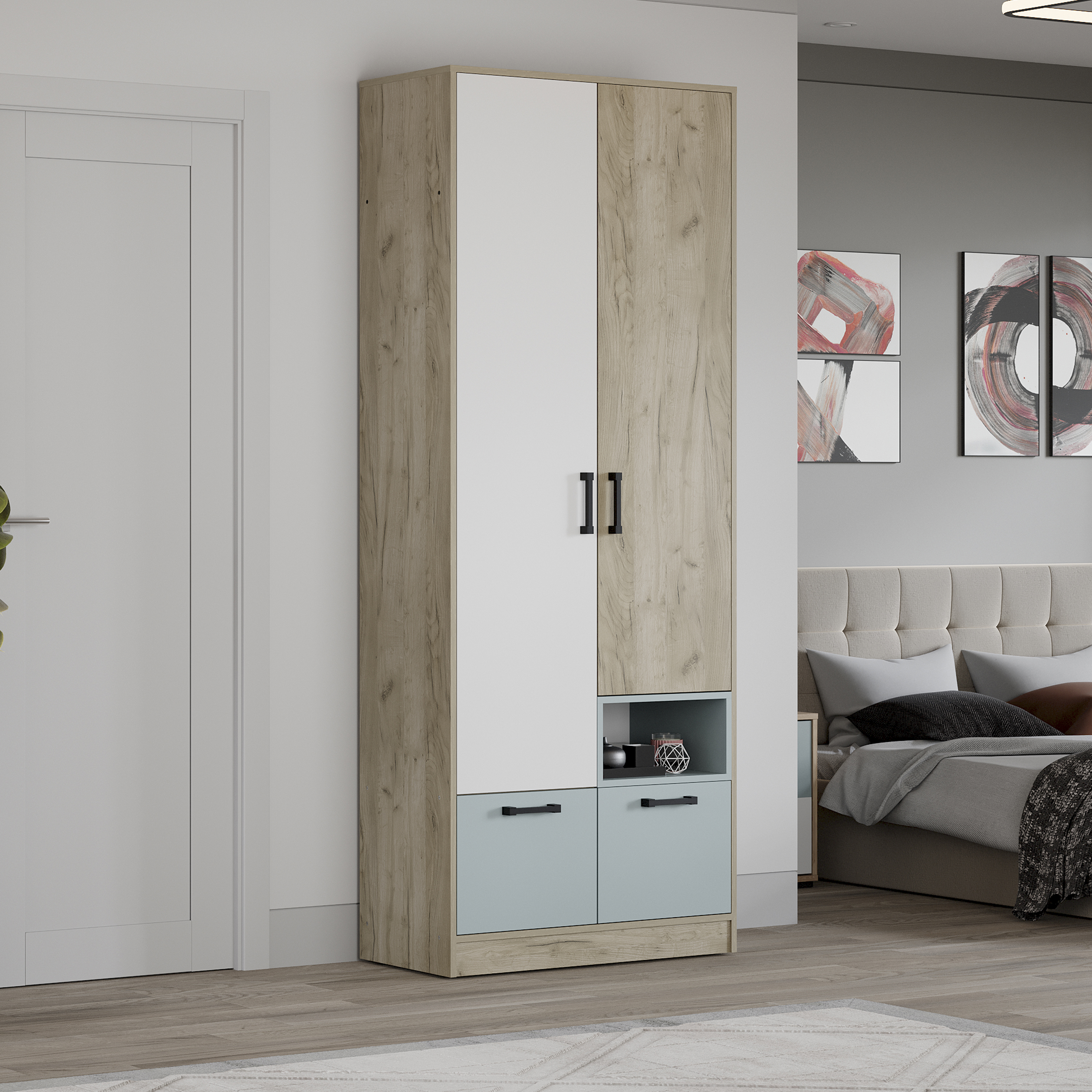 Изображение товара Шкаф распашной Трия 84x213x41 см серо-голубой белый дуб крафт современный дизайн