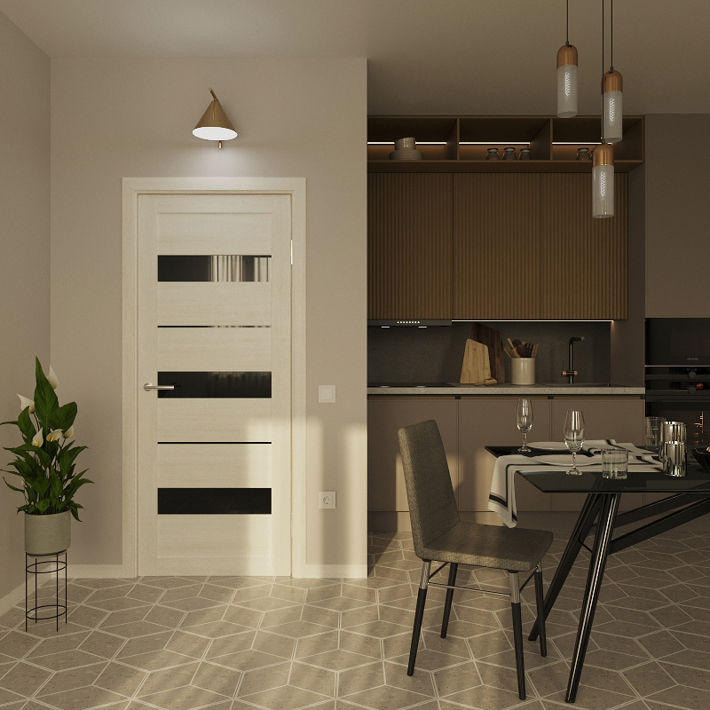 Изображение товара Дверь межкомнатная Dorica Техно-4 c черным стеклом, жемчужный