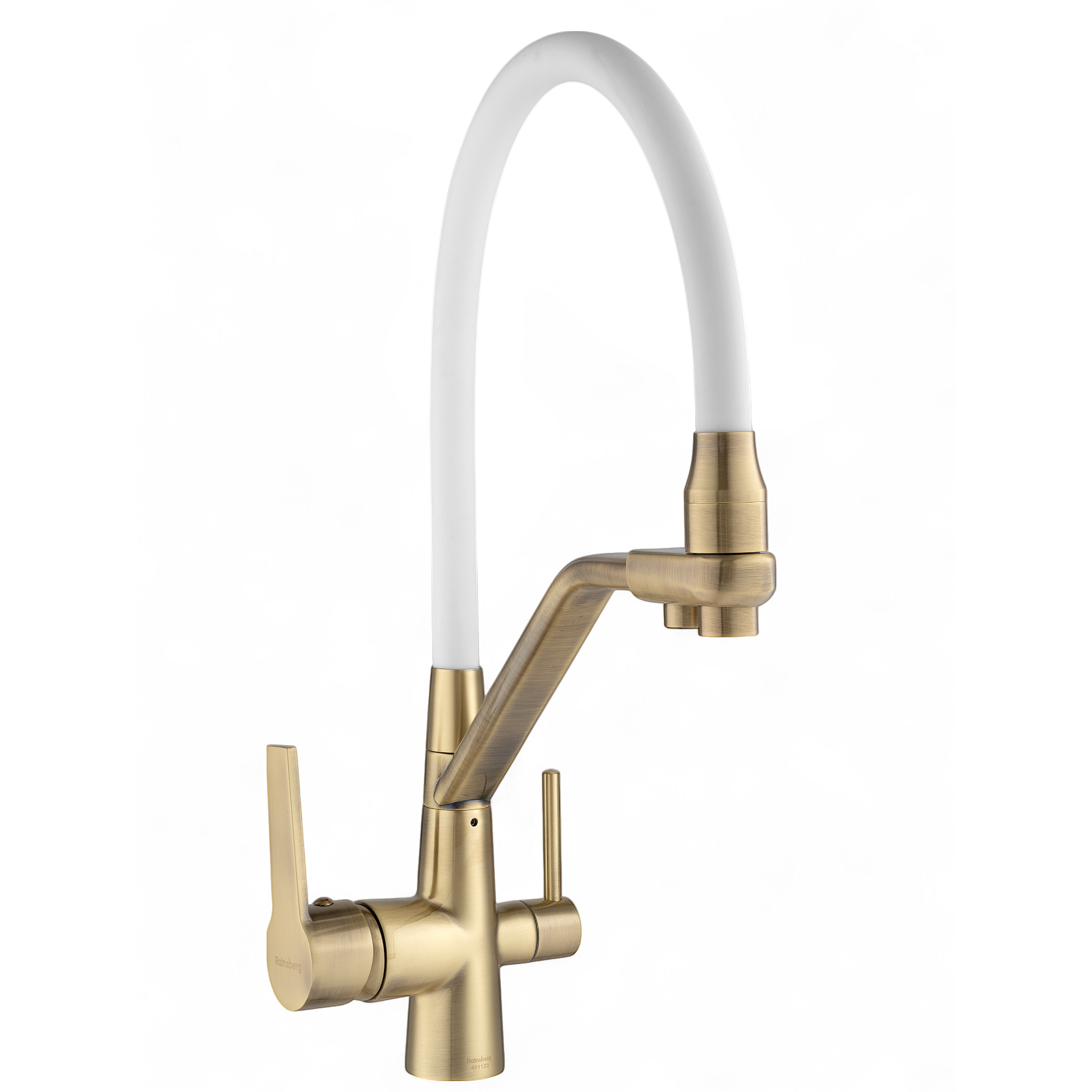 Изображение товара Смеситель для кухни Rainsberg R603 с фильтром гибкий излив белый бронза