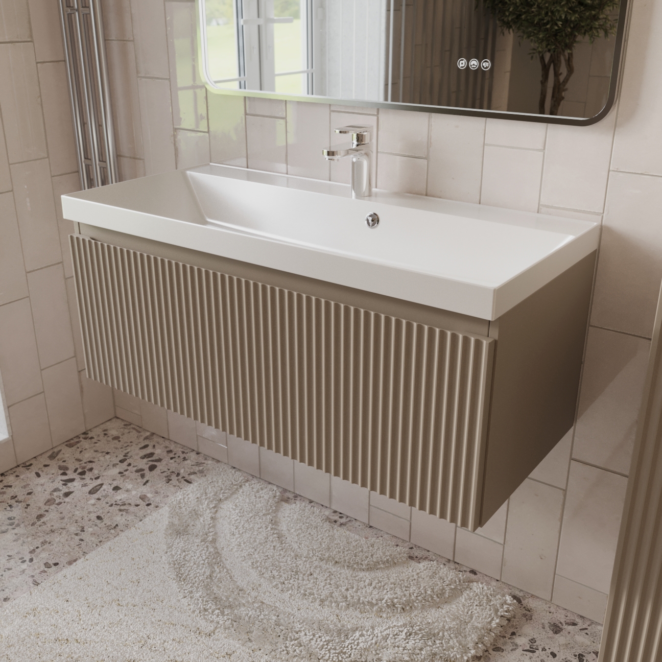 Изображение товара Тумба с раковиной для ванной Mebelvann Pulse 100см подвесная цвет бежевый/капучино