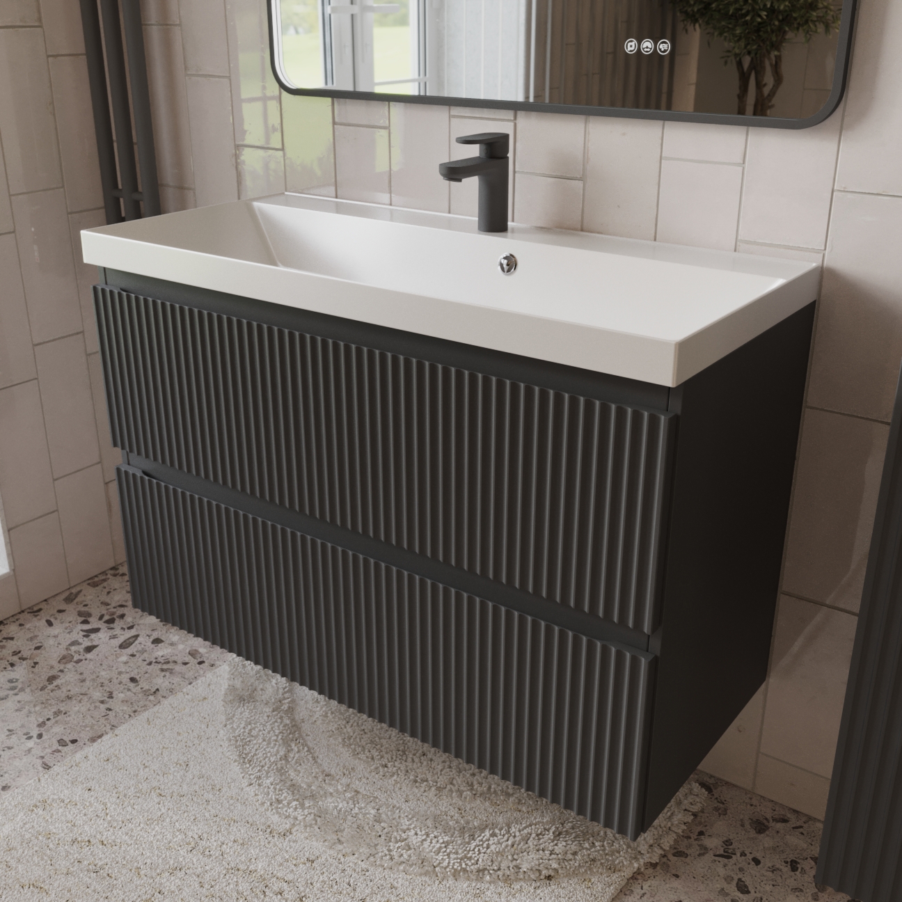 Изображение товара Тумба с раковиной для ванной Mebelvann Pulse 100 см подвесная 2 ящика цвет антрацит/серый