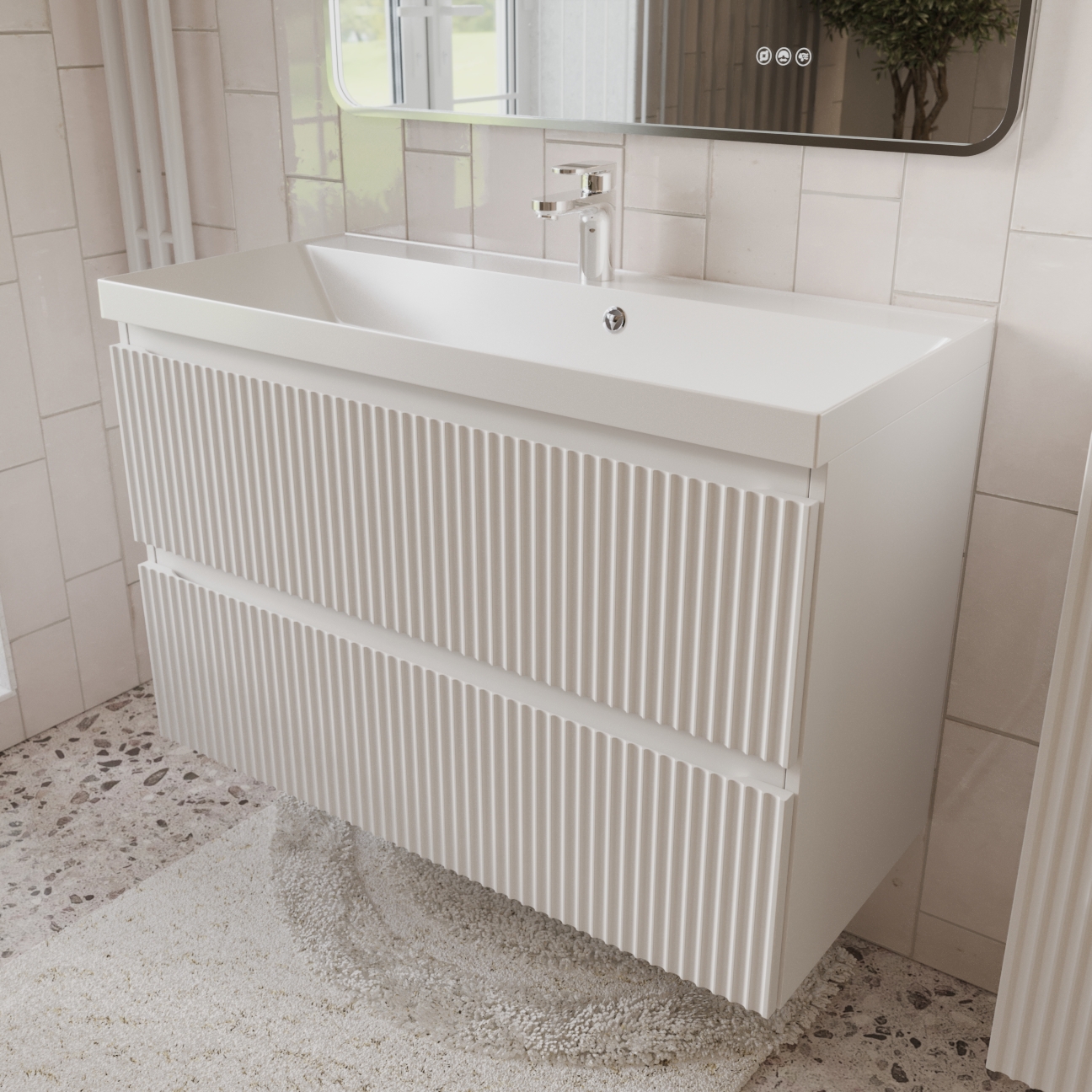 Изображение товара Тумба с раковиной для ванной Mebelvann Pulse 100 см подвесная 2 ящика цвет белый