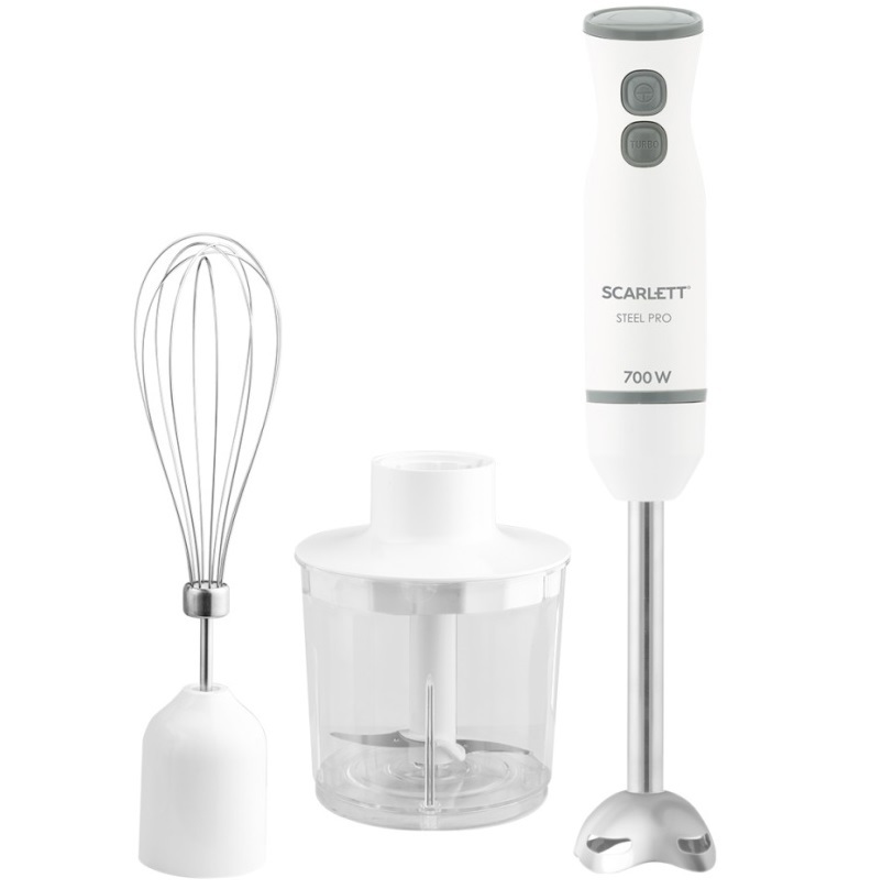 Изображение товара Погружной блендер Scarlett SC-HB42F06 белый 850Вт с 3 насадками и мерным стаканом