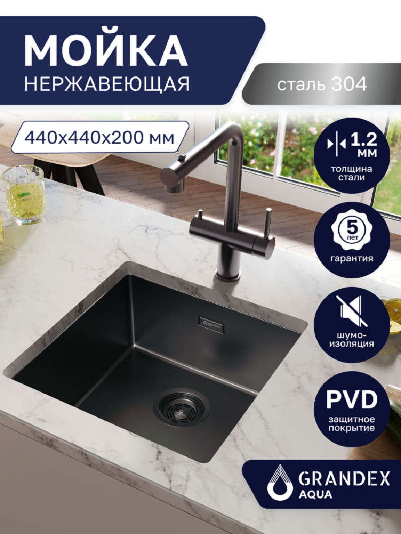 Изображение товара Мойка для кухни врезная с коландером Grandex aqua OPTIMA 44 PVD ANTHRACITE 5011353 44x44 см глубина чаши 20 см нержавеющая сталь aisi 304 цвет антрацит