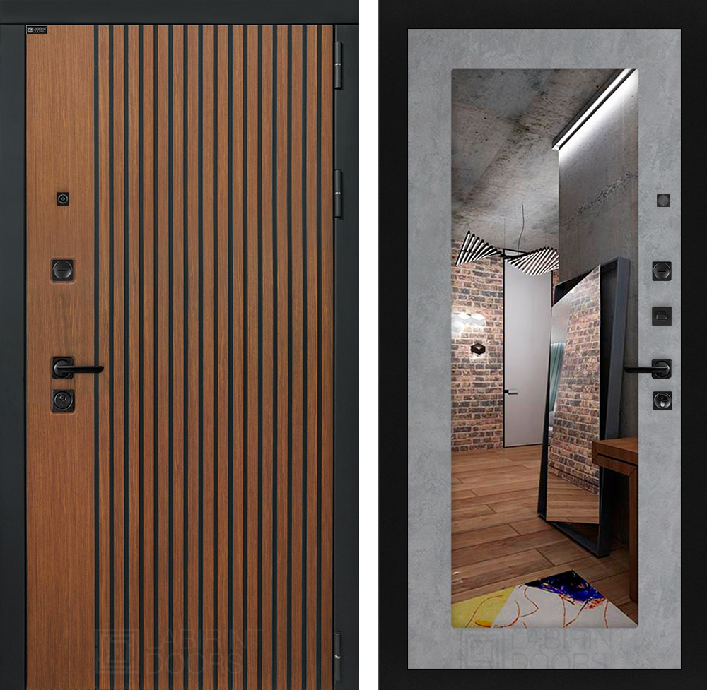 Изображение товара Входная дверь Лабиринт Шторм правый 205x88см цвет дуб кантри темный/бетон светлый с зеркалом П18