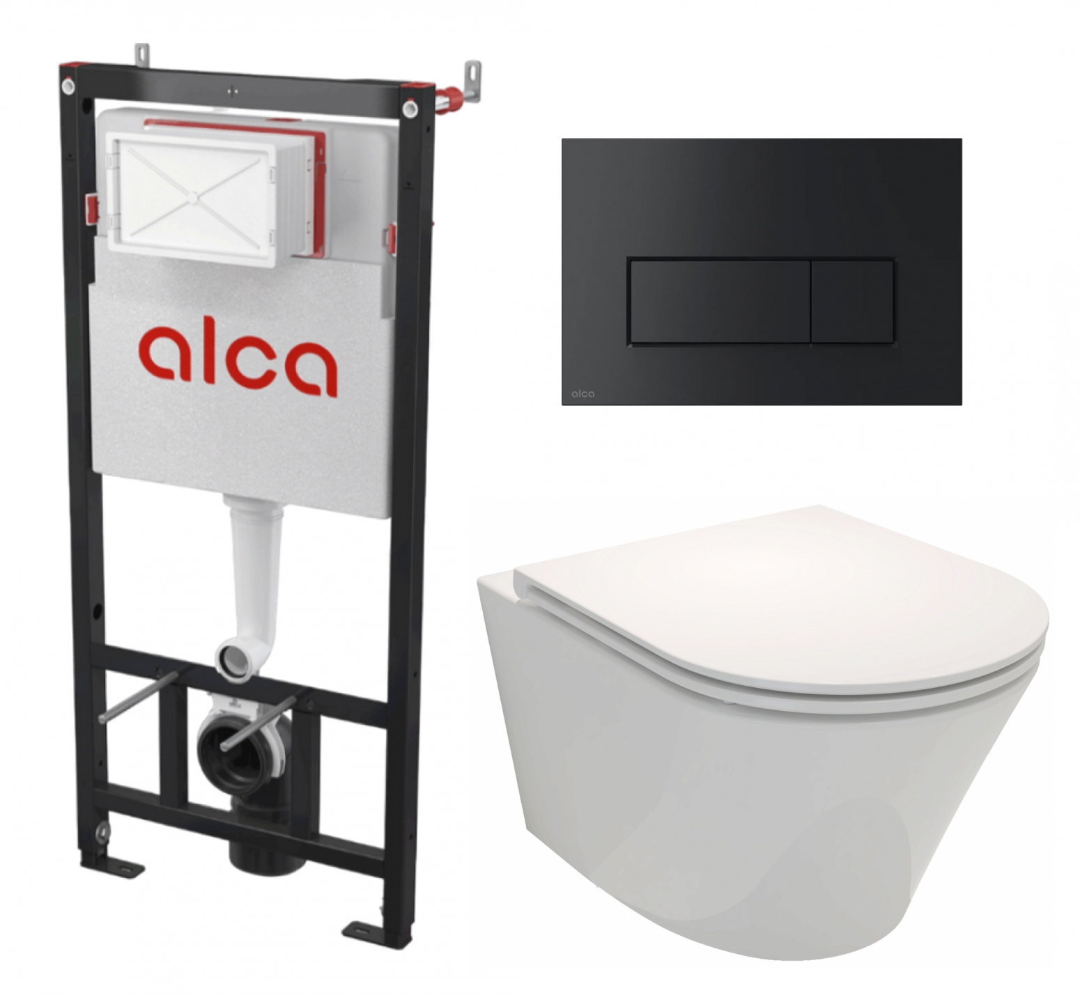 Изображение товара Инсталляция с унитазом комплект 3 в 1 AlcaPlast унитаз подвесной Jacob Delafon RoDin Плюс кнопка черная