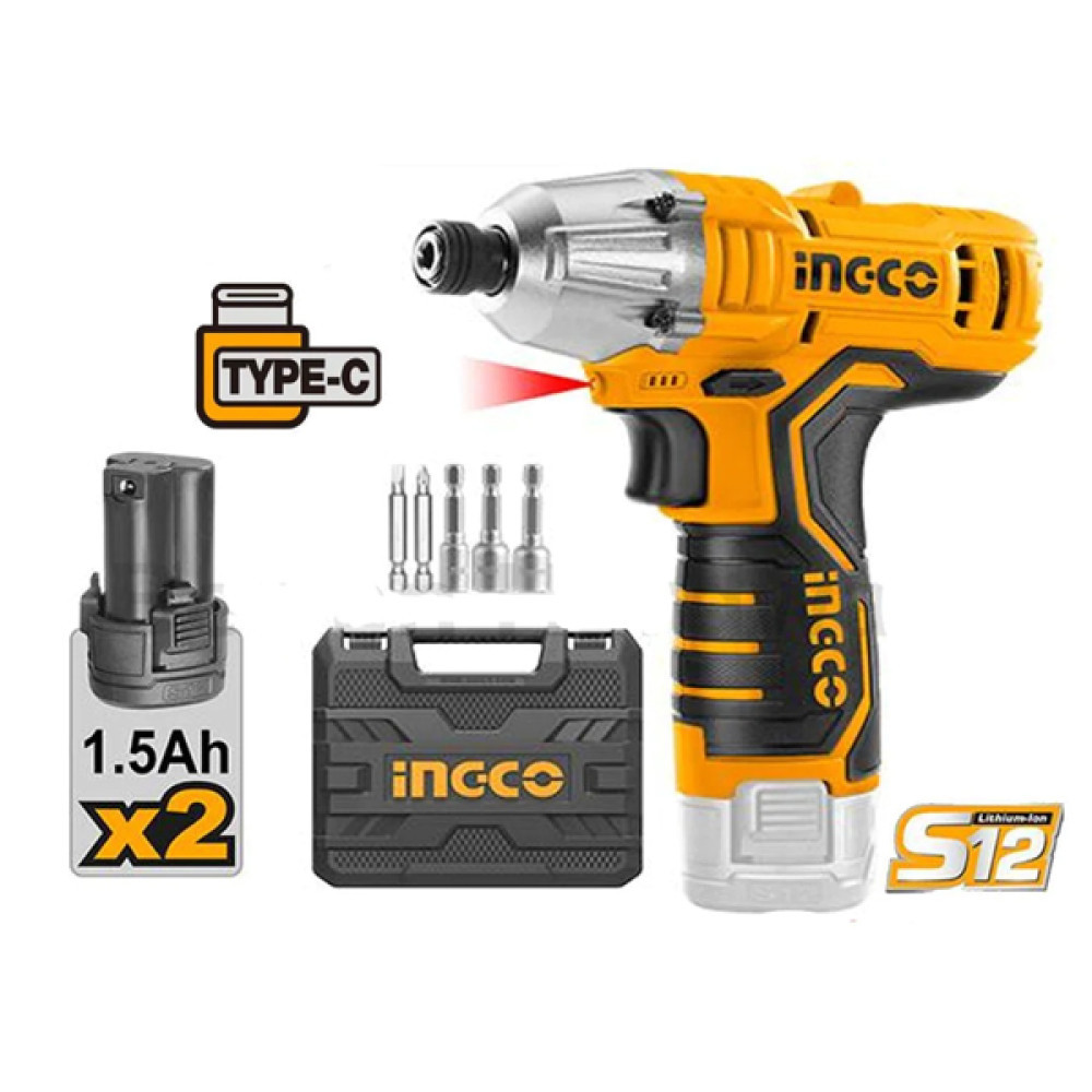 Изображение товара Аккумуляторный шуруповерт Ingco CIRLI1201 12В 100Нм с кейсом и двумя аккумуляторами