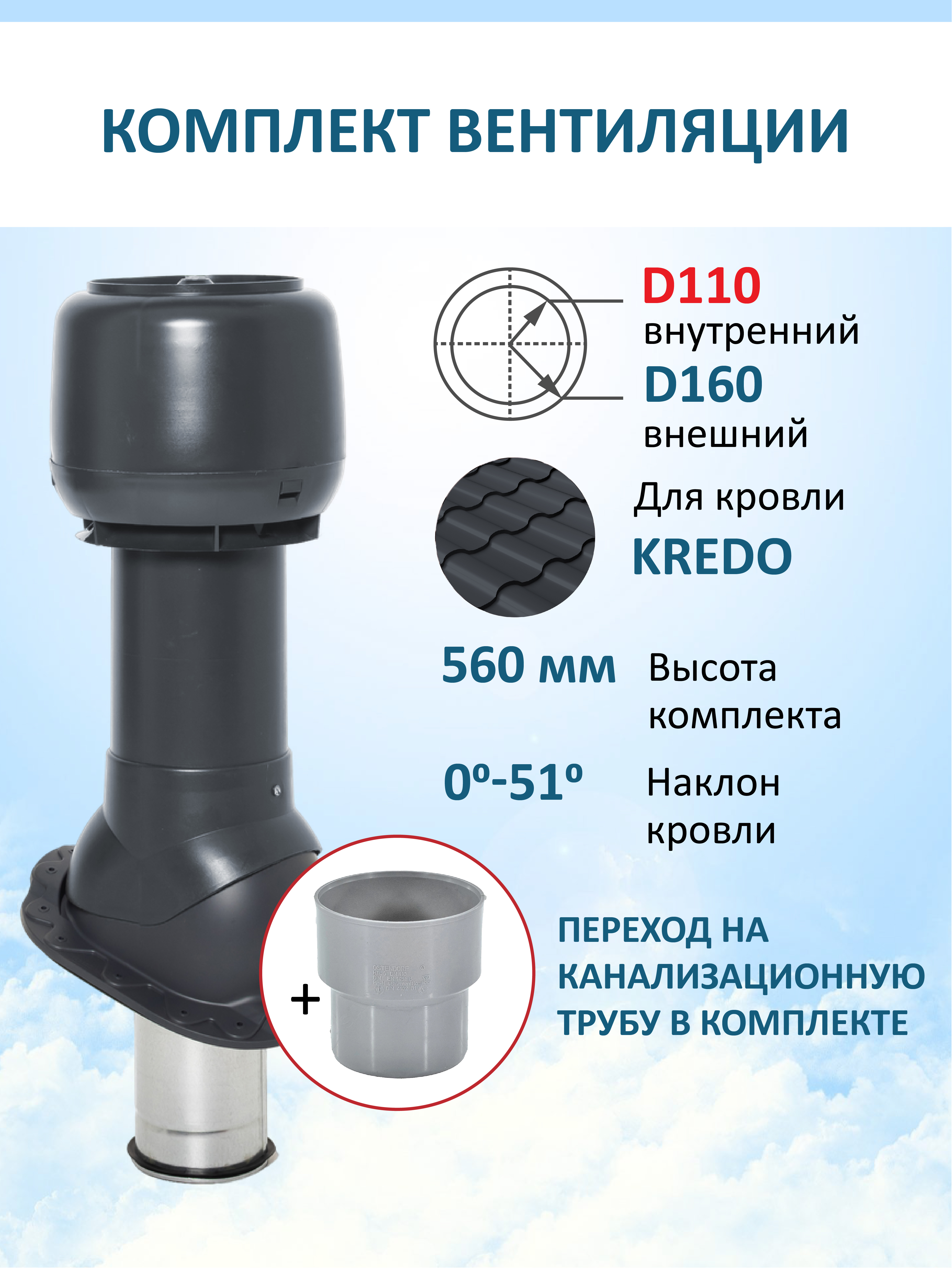 Изображение товара Комплект вентиляции Мерес D160 с переходом D110 для металлочерепицы серый графит