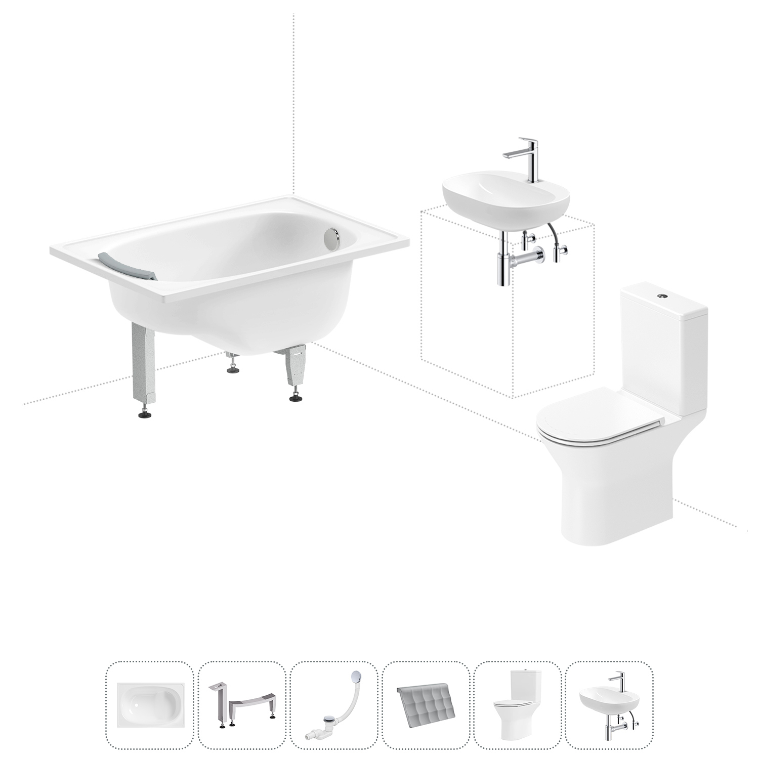 Изображение товара Комплект для ванной комнаты: ванна, унитаз и раковина с аксессуарами, стильный дизайн
