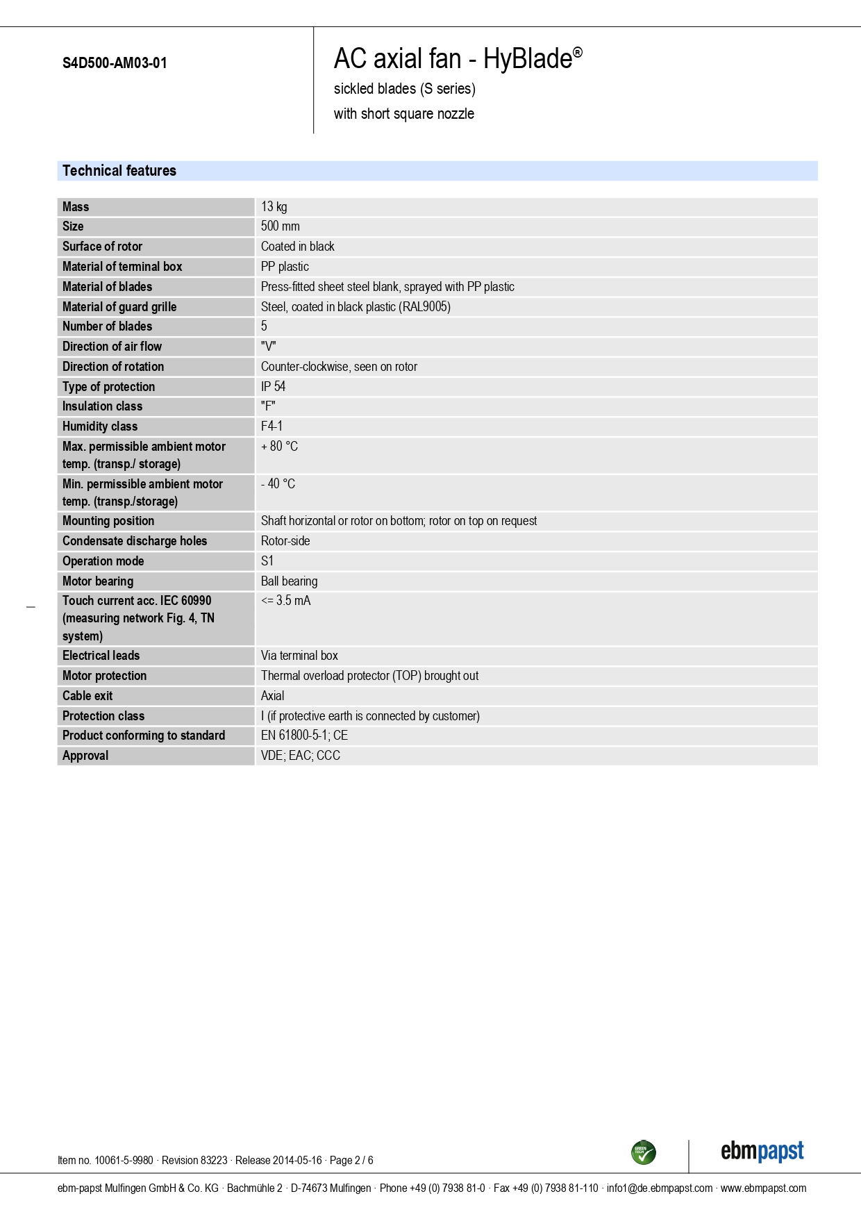 Изображение товара Вытяжной вентилятор Ebm-papst S4D500-AM03-01 D500 мм 75 дБ 6725 м³/ч цвет черный Изображение товара Вытяжной вентилятор Ebm-papst S4D500-AM03-01 D500 мм 75 дБ 6725 м³/ч цвет черный