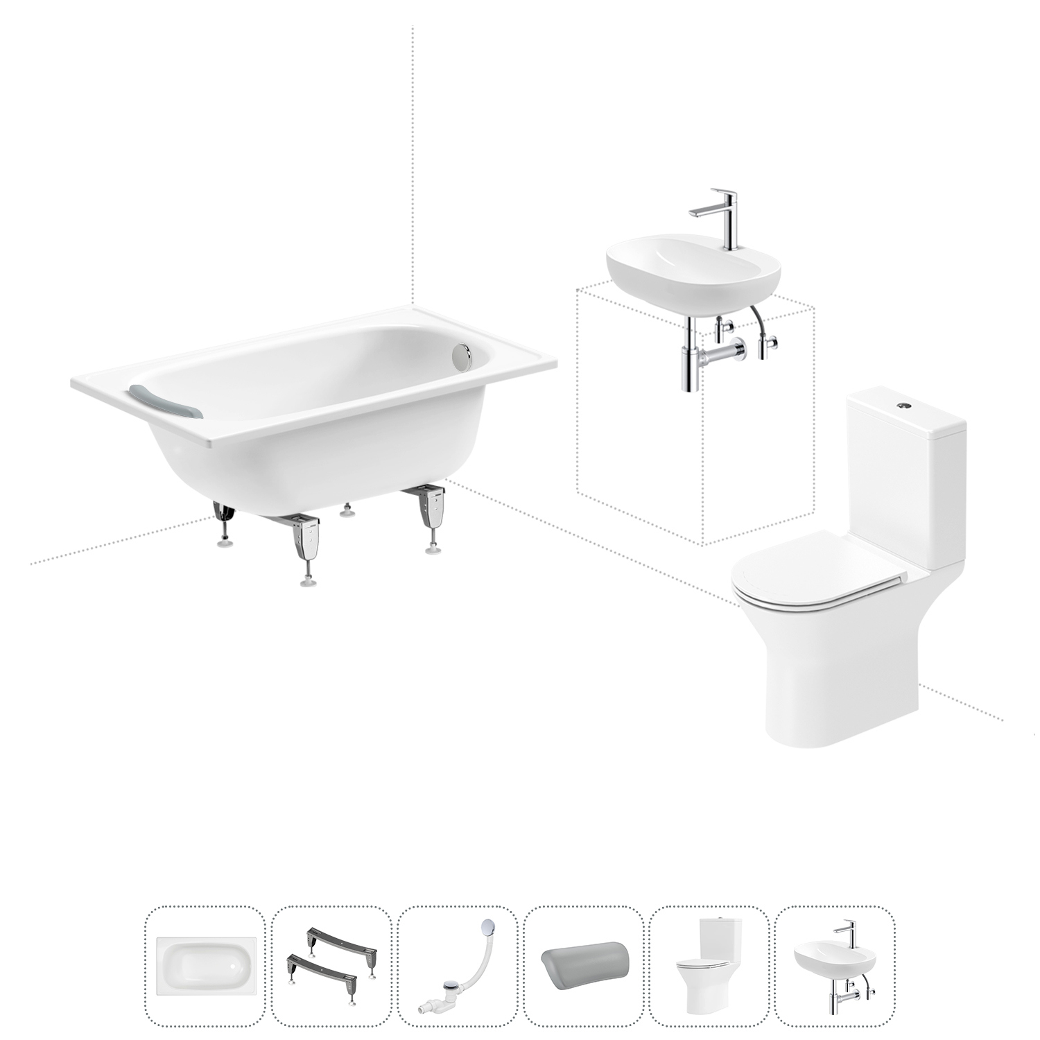 Изображение товара Комплект для ванной комнаты: ванна, унитаз, раковина, смеситель, сифон, аксессуары
