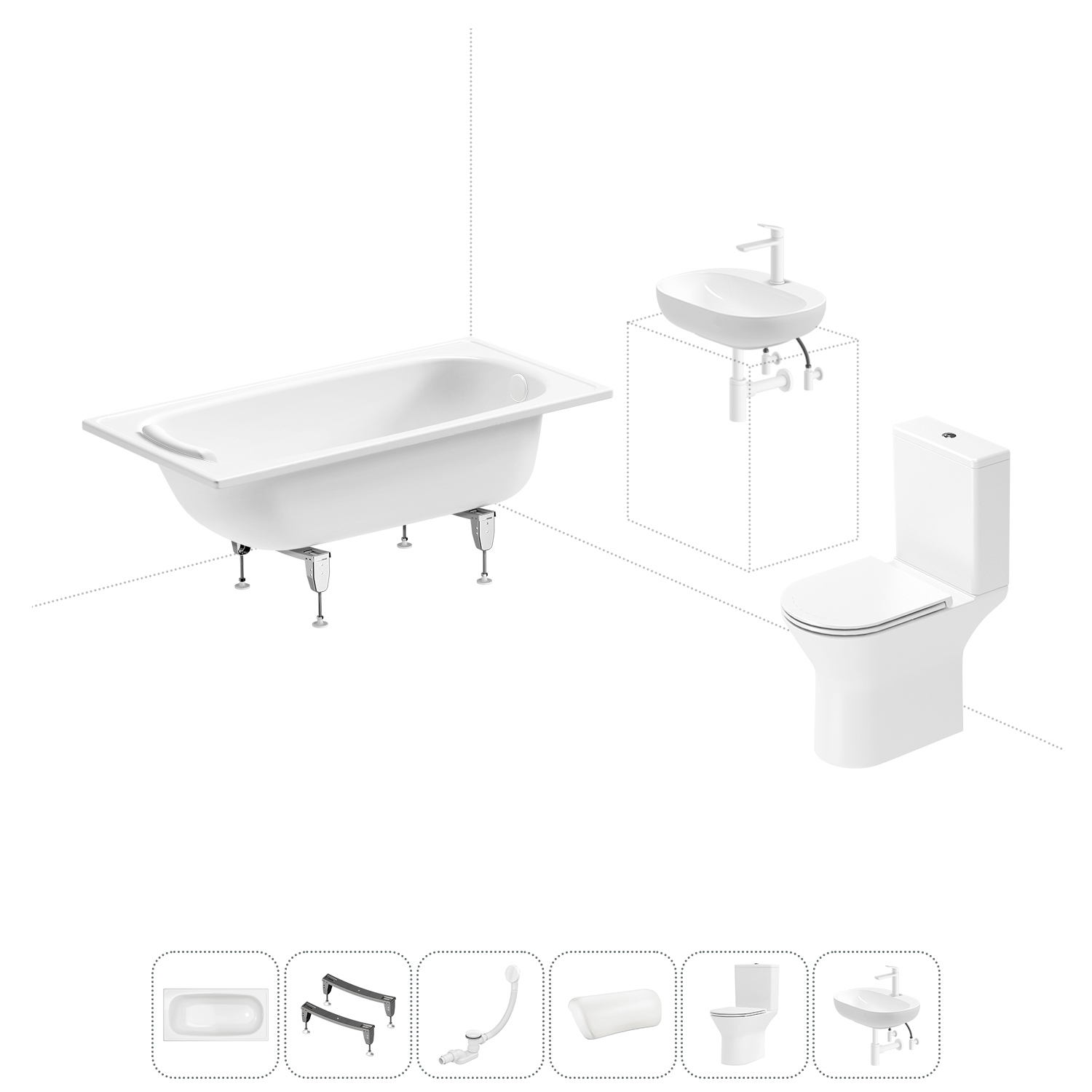 Изображение товара Комплект для ванной комнаты с ванной, унитазом и раковиной от SANITANA BLB и Wellsee