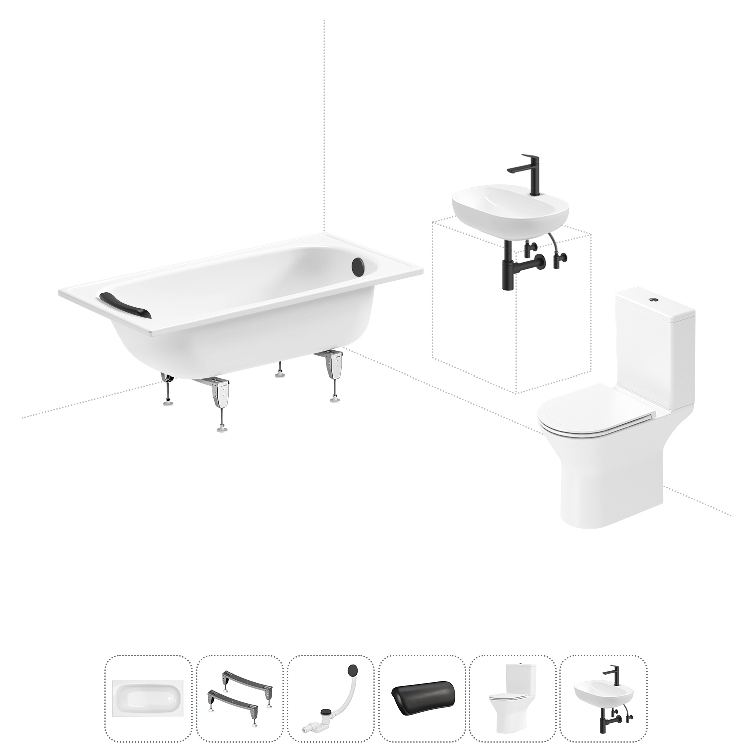 Изображение товара Комплект сантехники для ванной комнаты: ванна, унитаз, раковина, смеситель