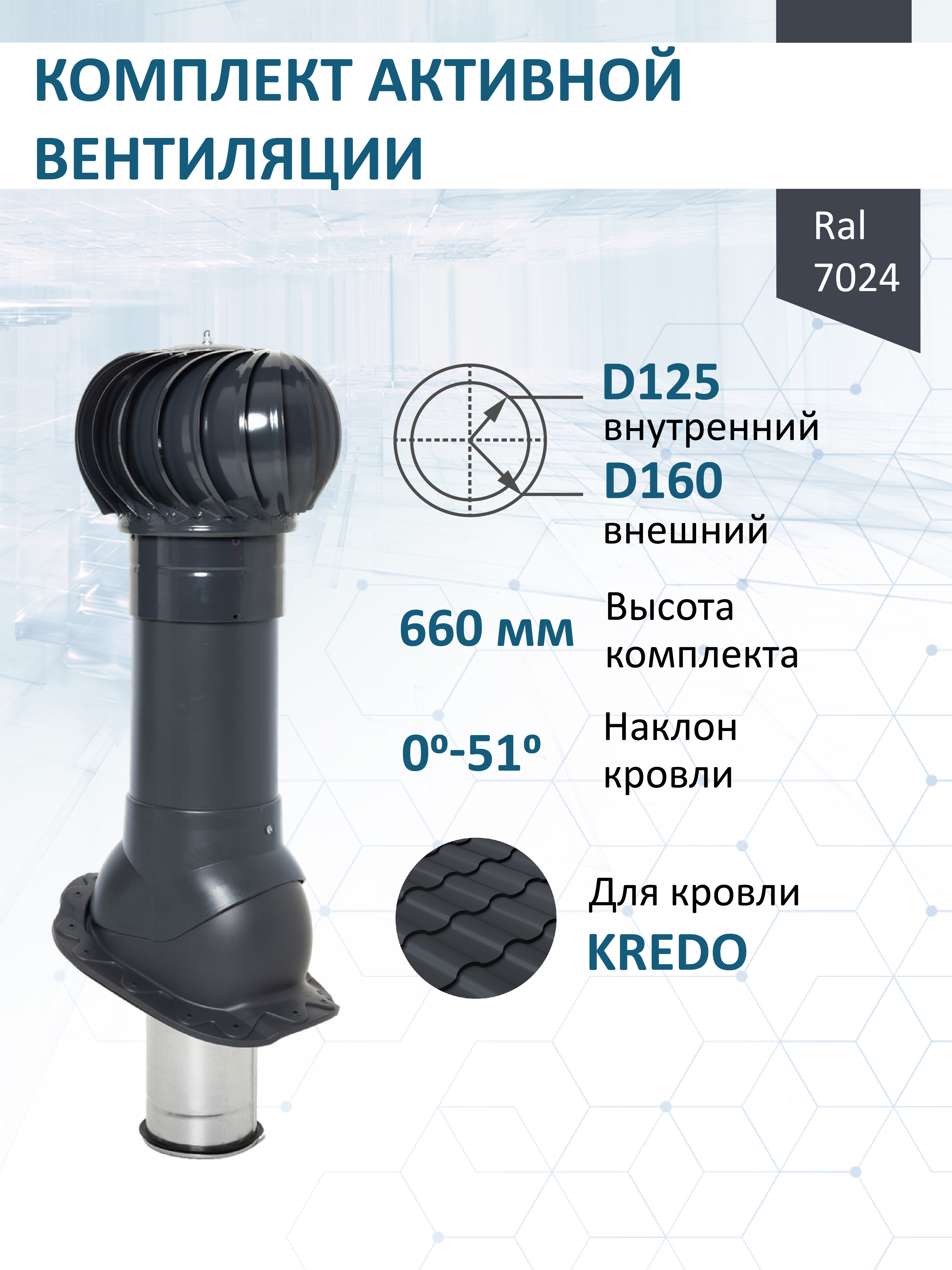 Изображение товара Турбодефлектор Мерес D160 с вентиляционным выходом Ø125/160мм 500мм серый графит
