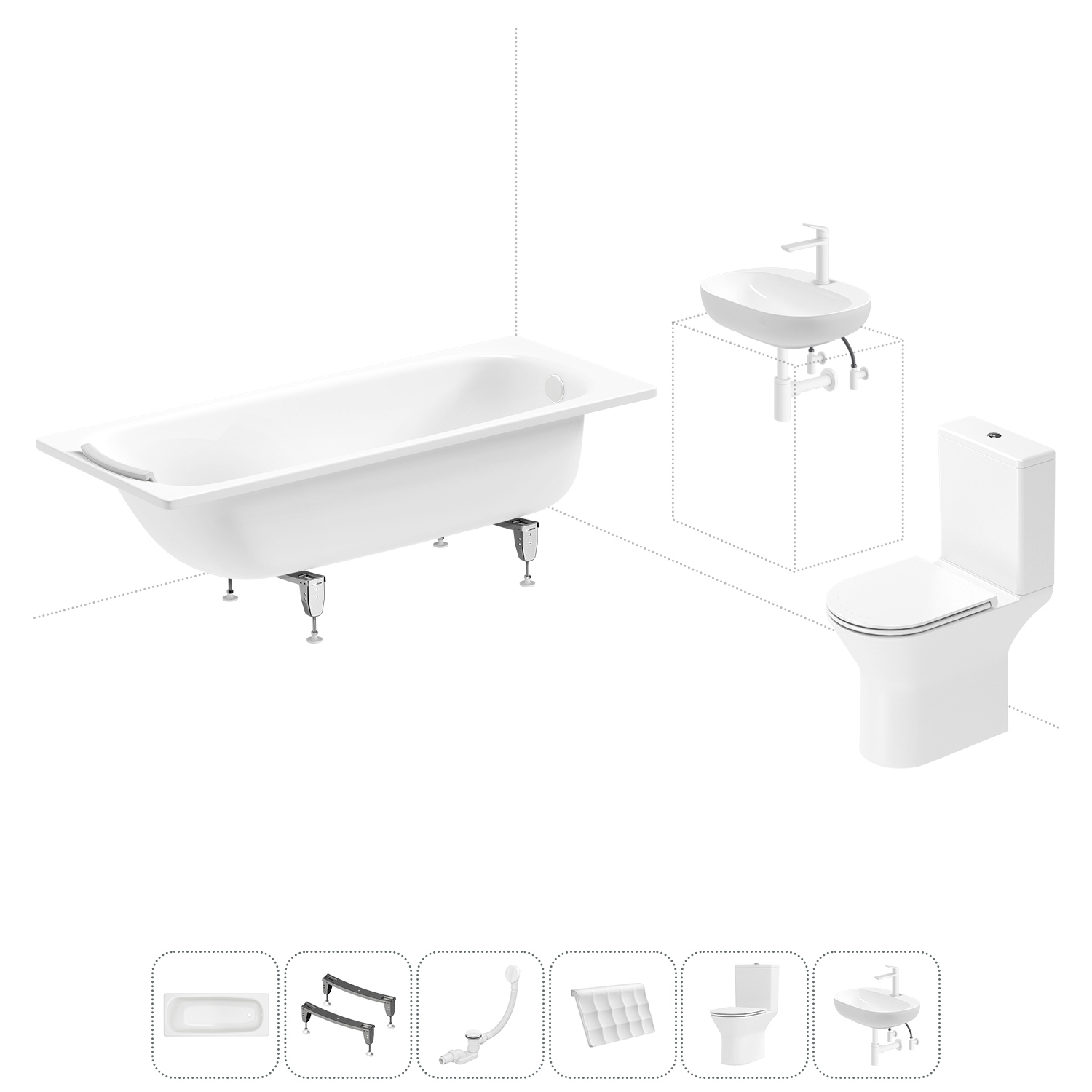 Изображение товара Комплект для ванной комнаты с ванной, унитазом и раковиной от Wellsee и SANITANA BLB
