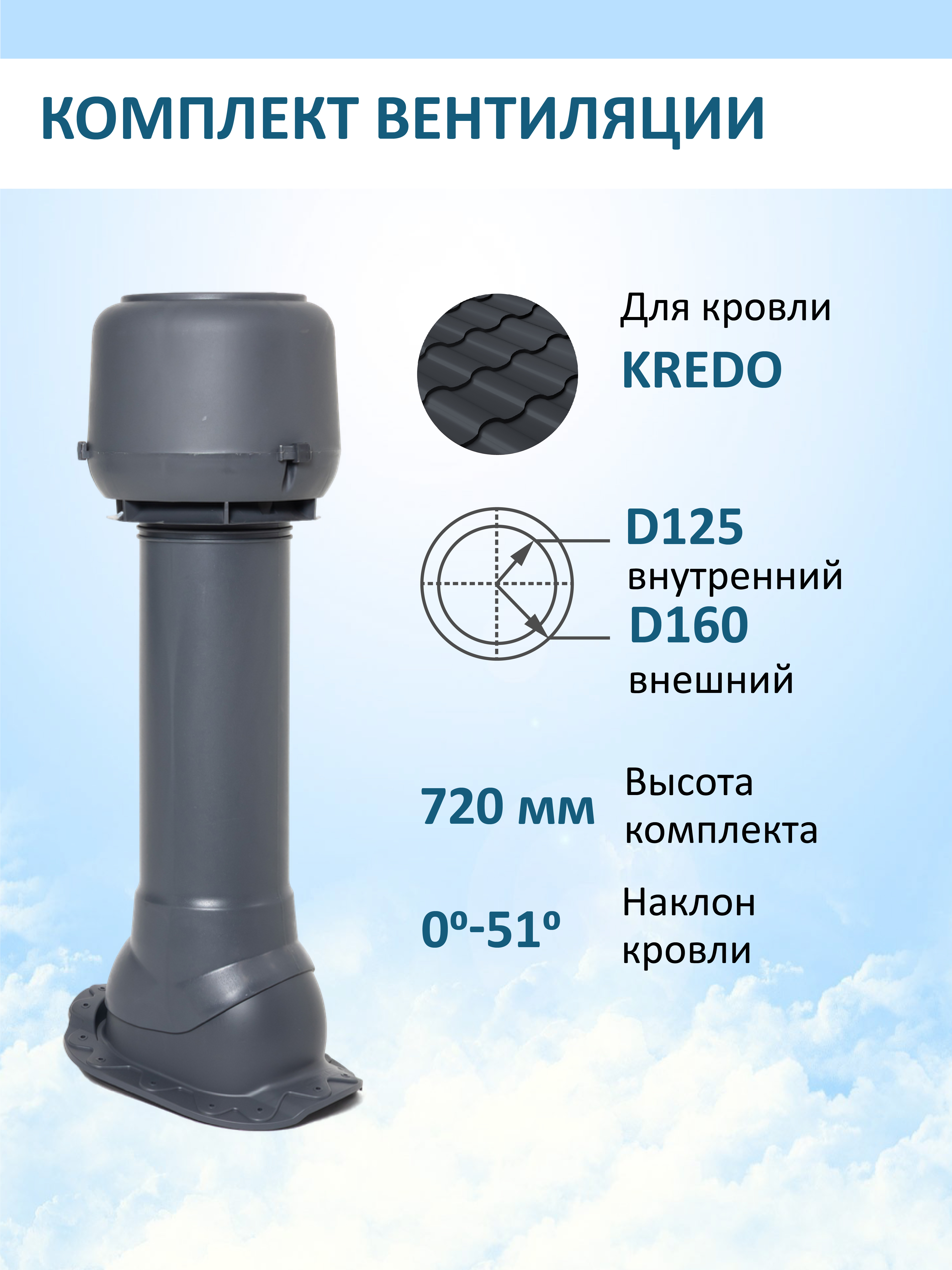 Изображение товара Вентиляционный колпак Мерес c колпаком Ø160мм 700мм с переходом для металлочерепицы Kredo RAL 7024 серый графит Изображение товара Вентиляционный колпак Мерес c колпаком Ø160мм 700мм с переходом для металлочерепицы Kredo RAL 7024 серый графит