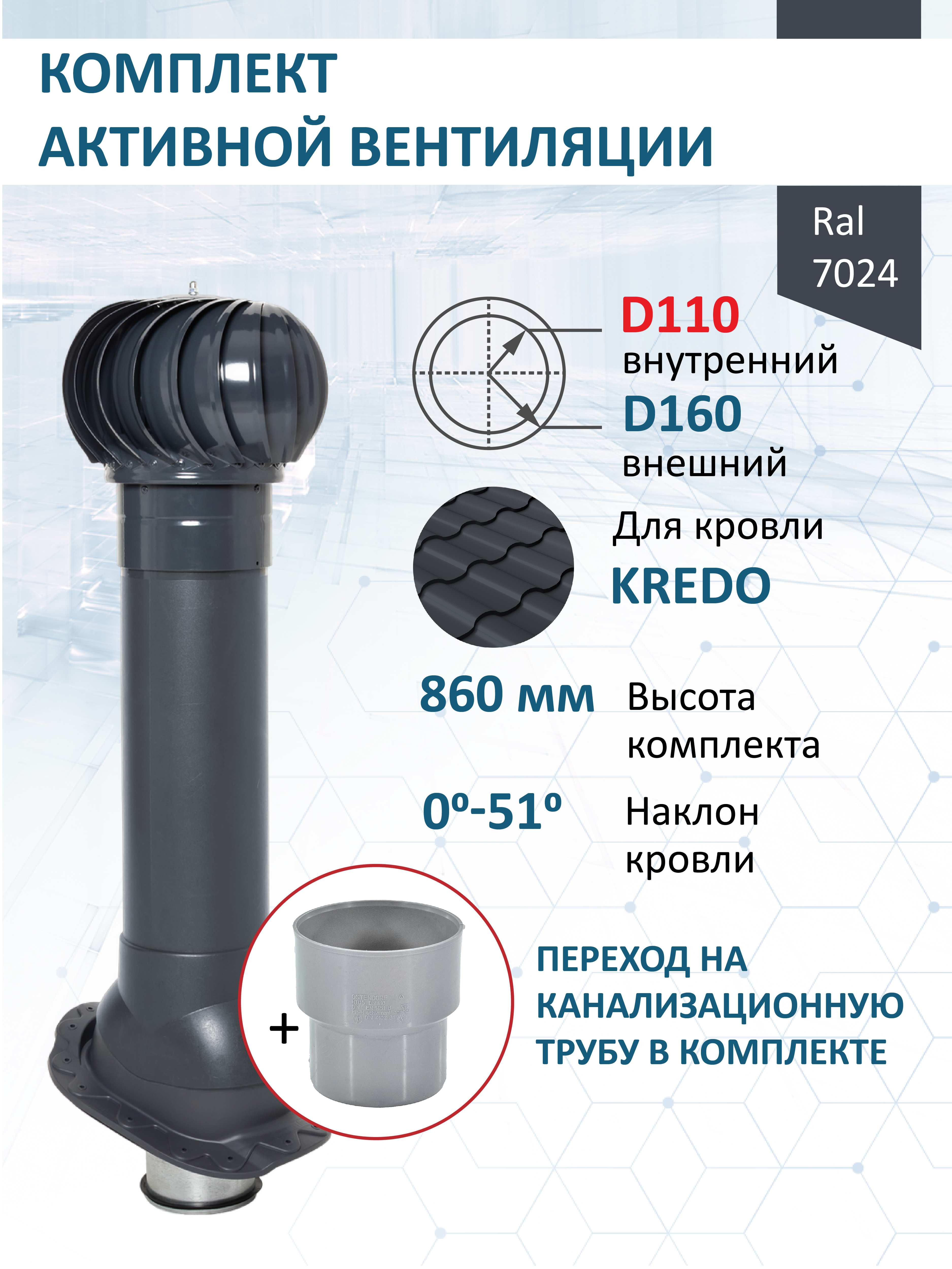 Изображение товара Турбодефлектор Мерес Ø160мм с вентиляционным выходом Ø110/160мм 700мм RAL 7024 серый графит