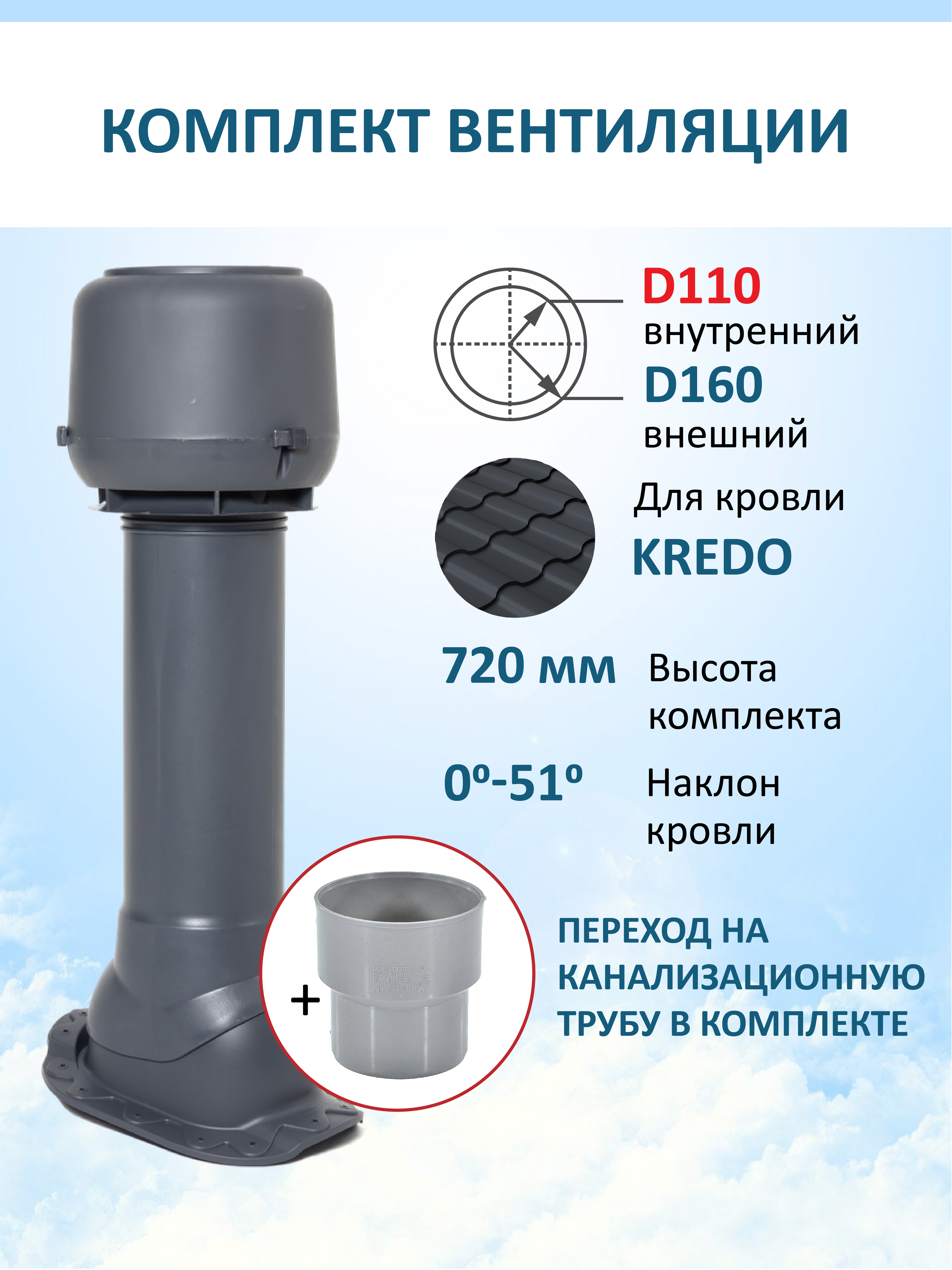Изображение товара Вентиляционный колпак Мерес c колпаком Ø160мм 700мм с переходом Ø110мм для металлочерепицы Kredo RAL 7024 серый графит Изображение товара Вентиляционный колпак Мерес c колпаком Ø160мм 700мм с переходом Ø110мм для металлочерепицы Kredo RAL 7024 серый графит
