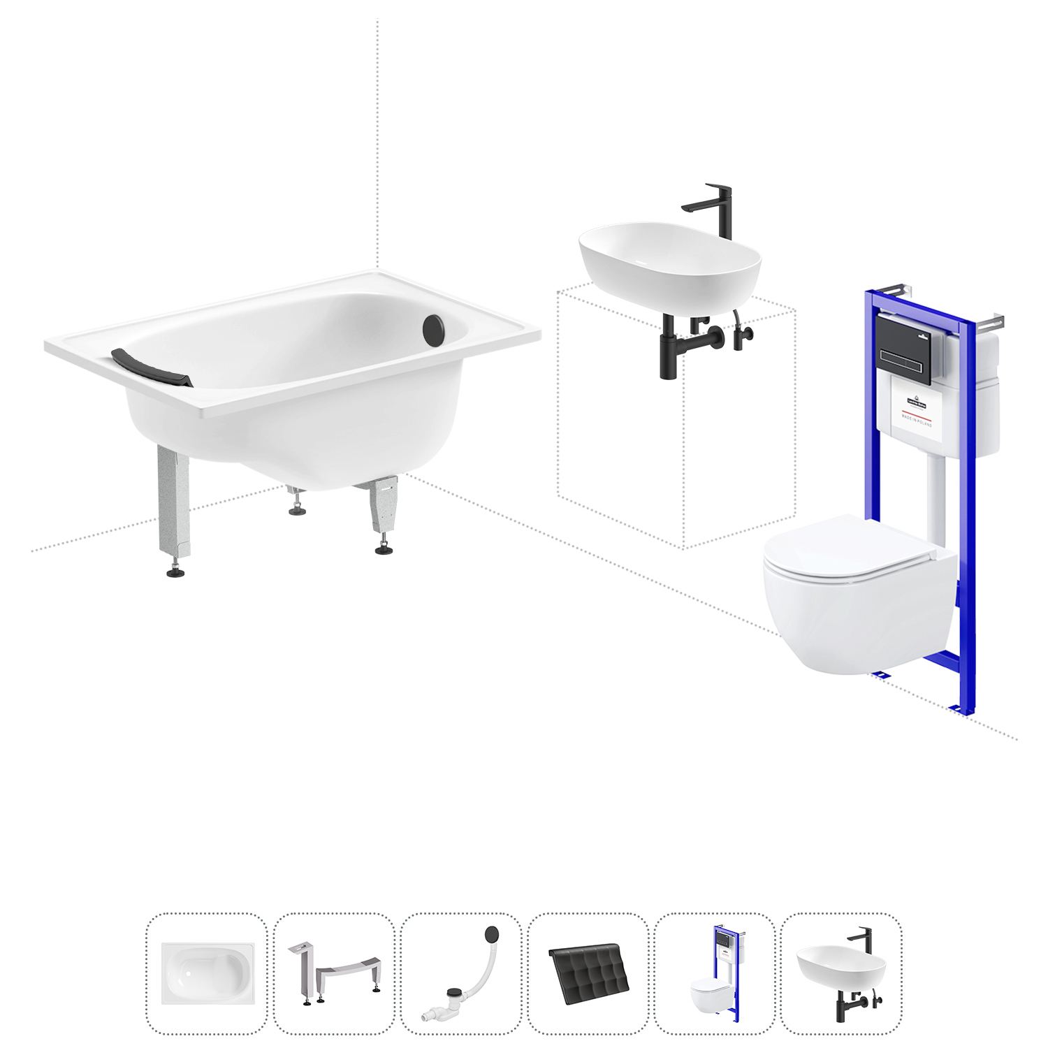 Изображение товара Ванна Sanitana BLB Europa Mini 20220755R прямоугольная сталь 105x70 см с подвесным унитазом и раковиной в комплекте
