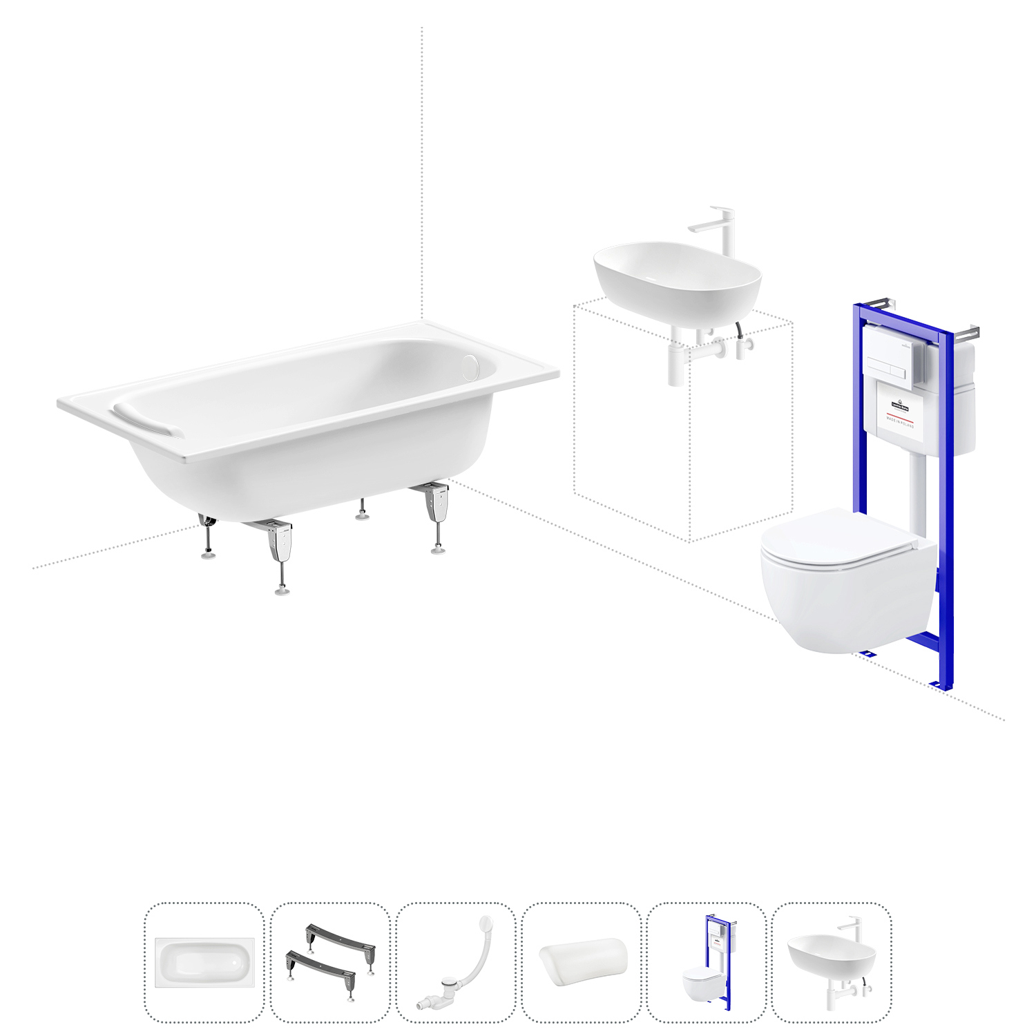 Изображение товара Комплект для ванной комнаты SANITANA BLB Europa 130x70 см, унитаз и раковина, инсталляция