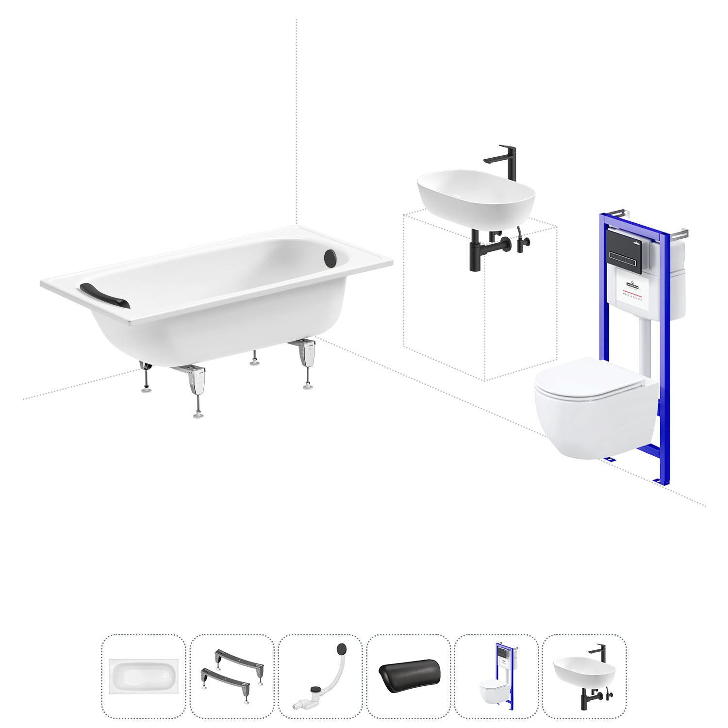 Изображение товара Комплект для ванной с ванны SANITANA BLB Europa, унитаза Wellsee и раковины