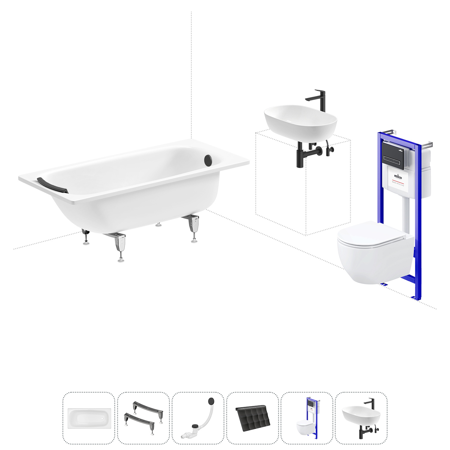 Изображение товара Ванна Sanitana BLB Universal 20220827R прямоугольная сталь 150x70 см с подвесным унитазом и раковиной в комплекте