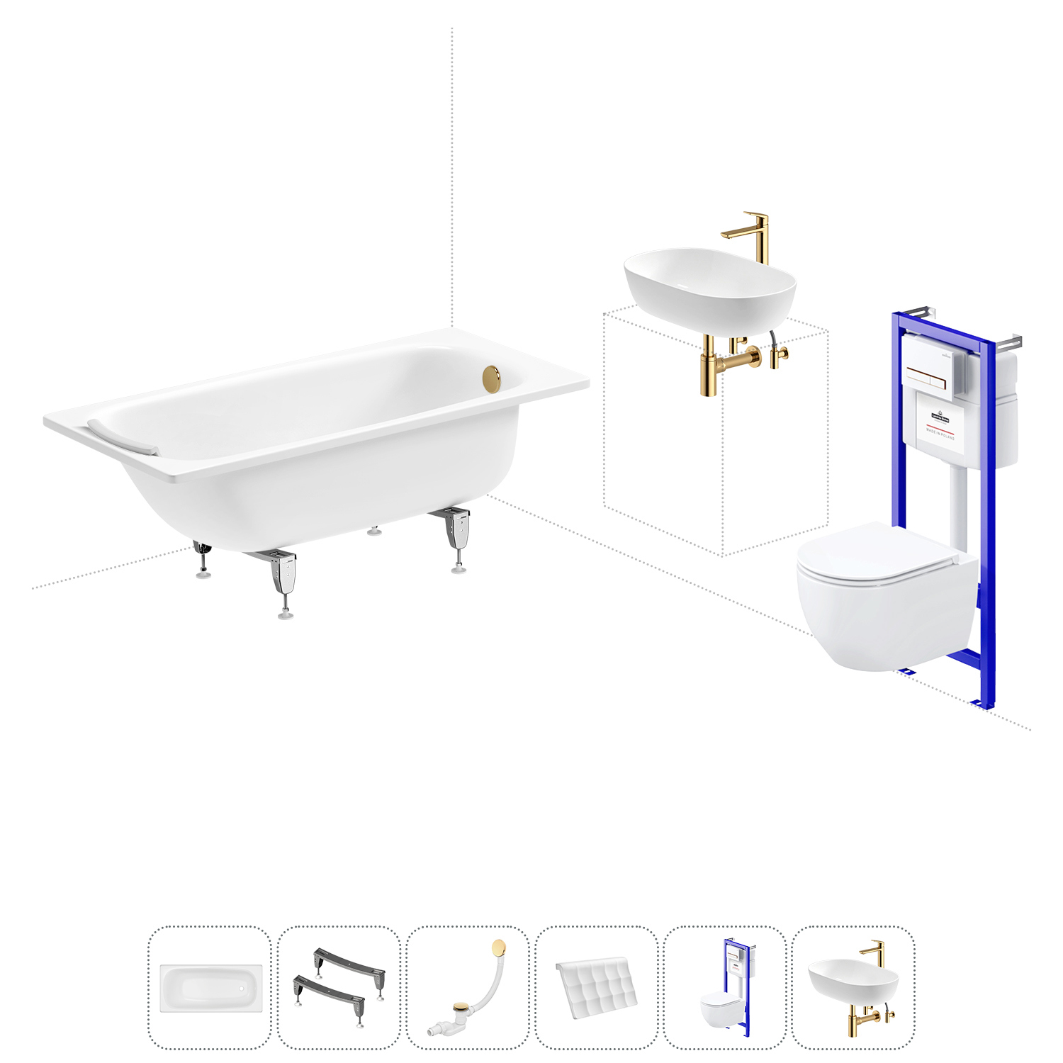 Изображение товара Ванна Sanitana BLB Universal 20220828R прямоугольная сталь 150x70 см с подвесным унитазом и раковиной в комплекте