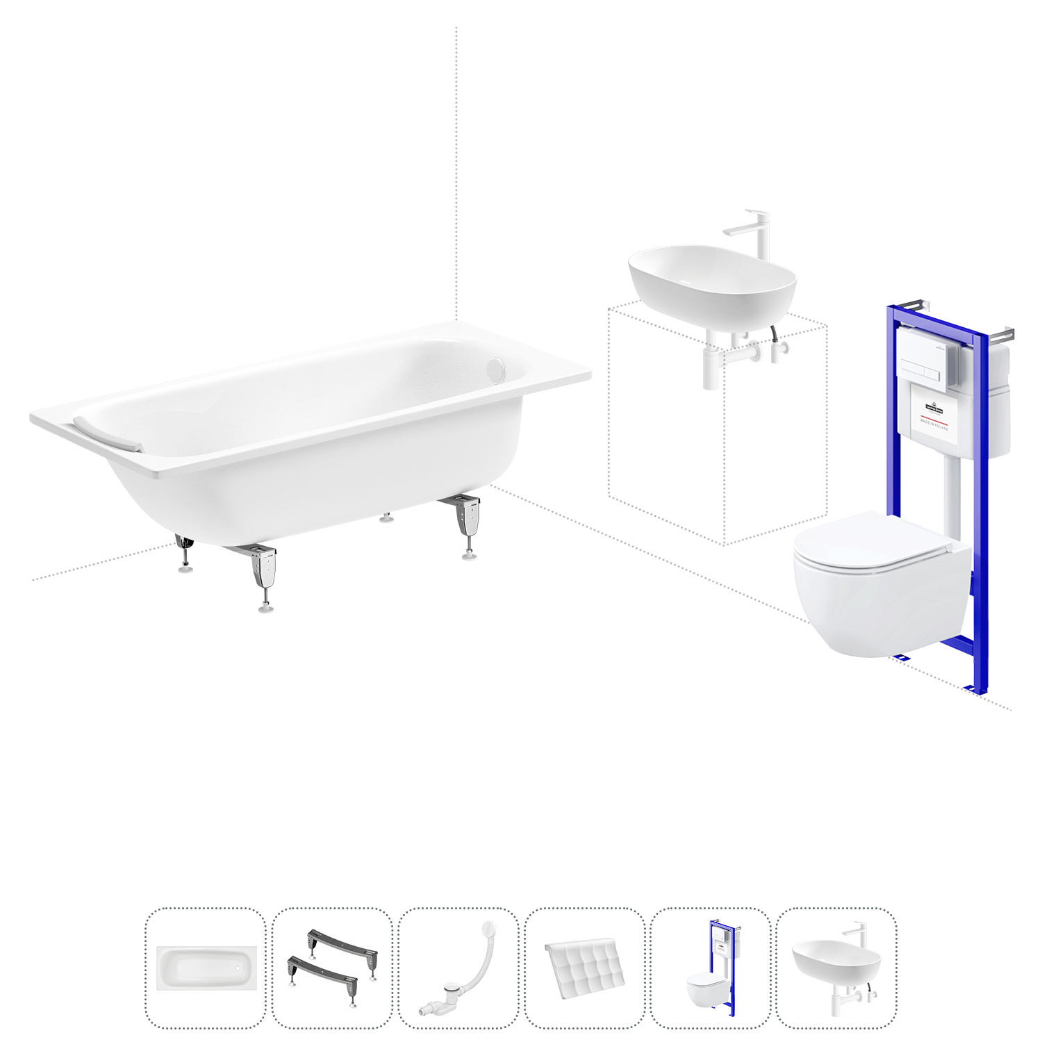 Изображение товара Ванна Sanitana BLB Universal 20220834R прямоугольная сталь 160x70 см с подвесным унитазом и раковиной в комплекте