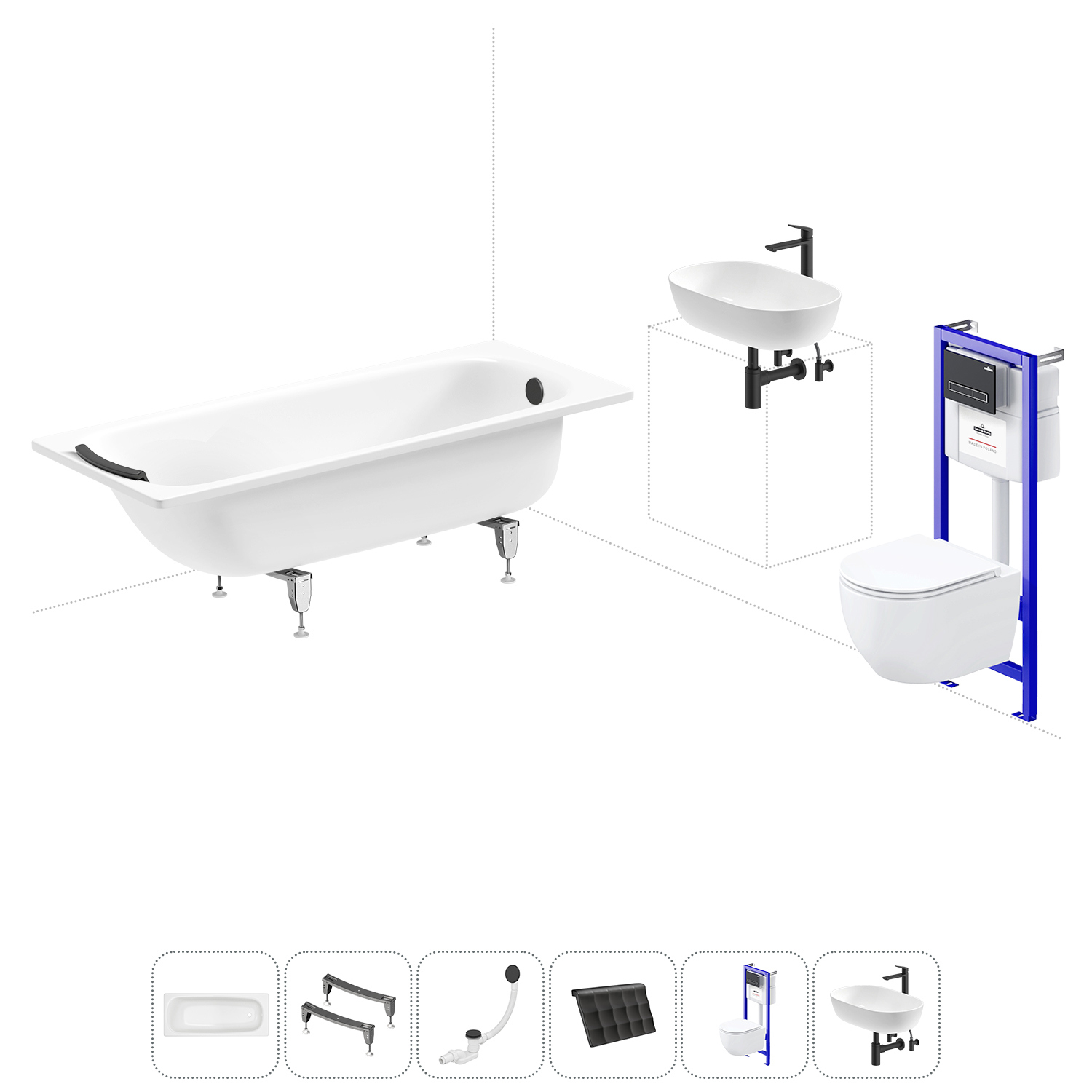 Изображение товара Ванна Sanitana BLB Universal 20220851R прямоугольная сталь 170x75 см с подвесным унитазом и раковиной в комплекте