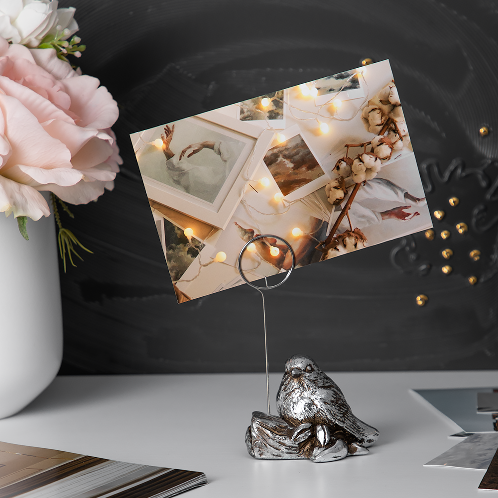 Изображение товара Статуэтка из мрамора Bogacho Птичка Зарничка серебристого цвета с держателем для фотографий/записок