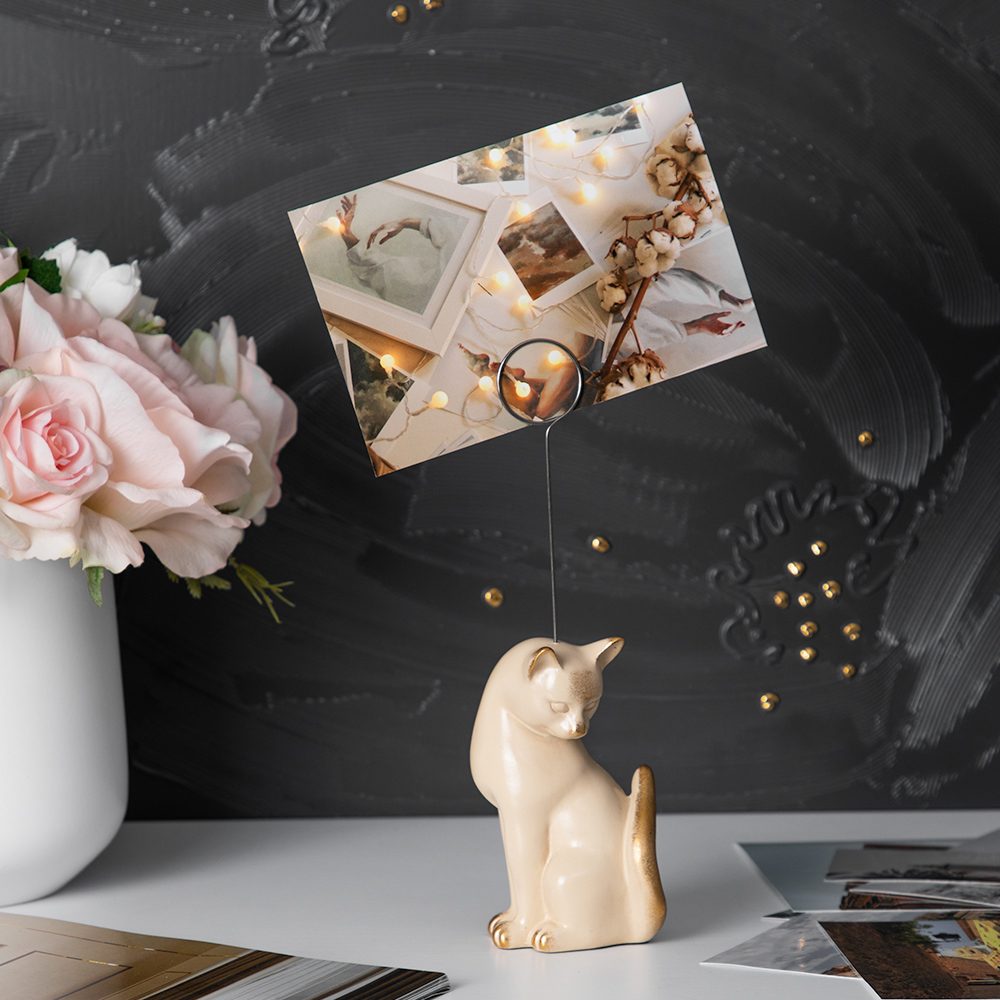 Изображение товара Статуэтка из мрамора Bogacho Кошка Грация кремового цвета с держателем для фотографий/записок