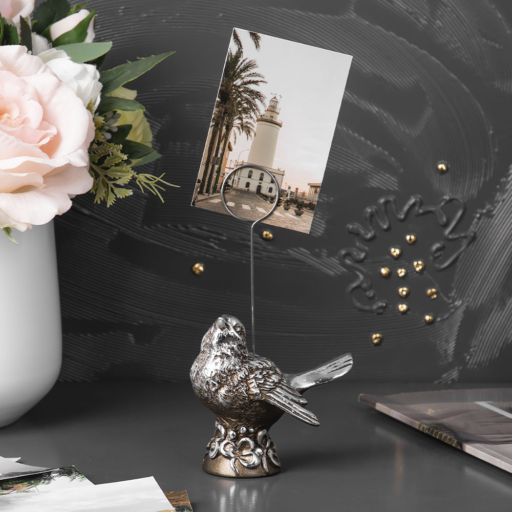 Изображение товара Статуэтка из мрамора Bogacho Птичка Терра серебристого цвета с держателем для фотографий/записок