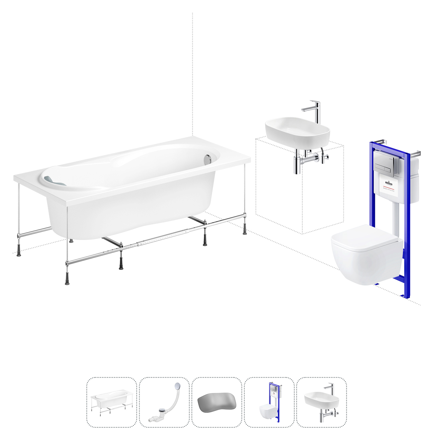 Изображение товара Ванна Lavinia Boho Bristol 20221338R 150x75 см акриловая с подвесным унитазом, инсталляцией и раковиной в комплекте