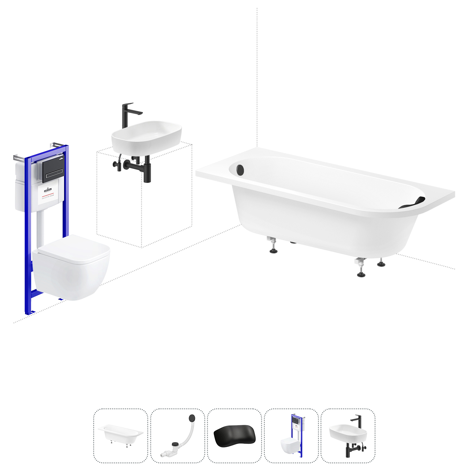 Изображение товара Ванна Lavinia Boho Catani 20221276R левая 160x80 см акриловая с подвесным унитазом, инсталляцией и раковиной в комплекте