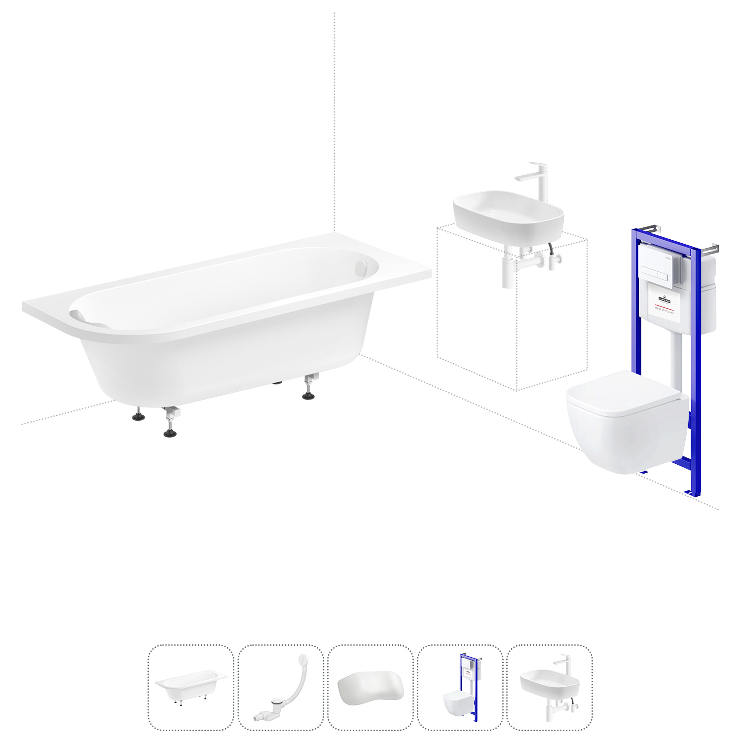 Изображение товара Ванна Lavinia Boho Catani 20221279R правая 160x80 см акриловая с подвесным унитазом, инсталляцией и раковиной в комплекте