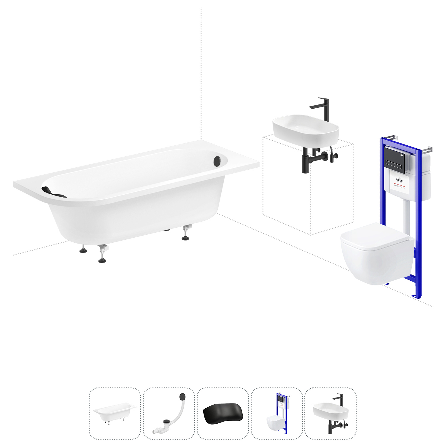 Изображение товара Ванна Lavinia Boho Catani 20221280R правая 160x80 см акриловая с подвесным унитазом, инсталляцией и раковиной в комплекте