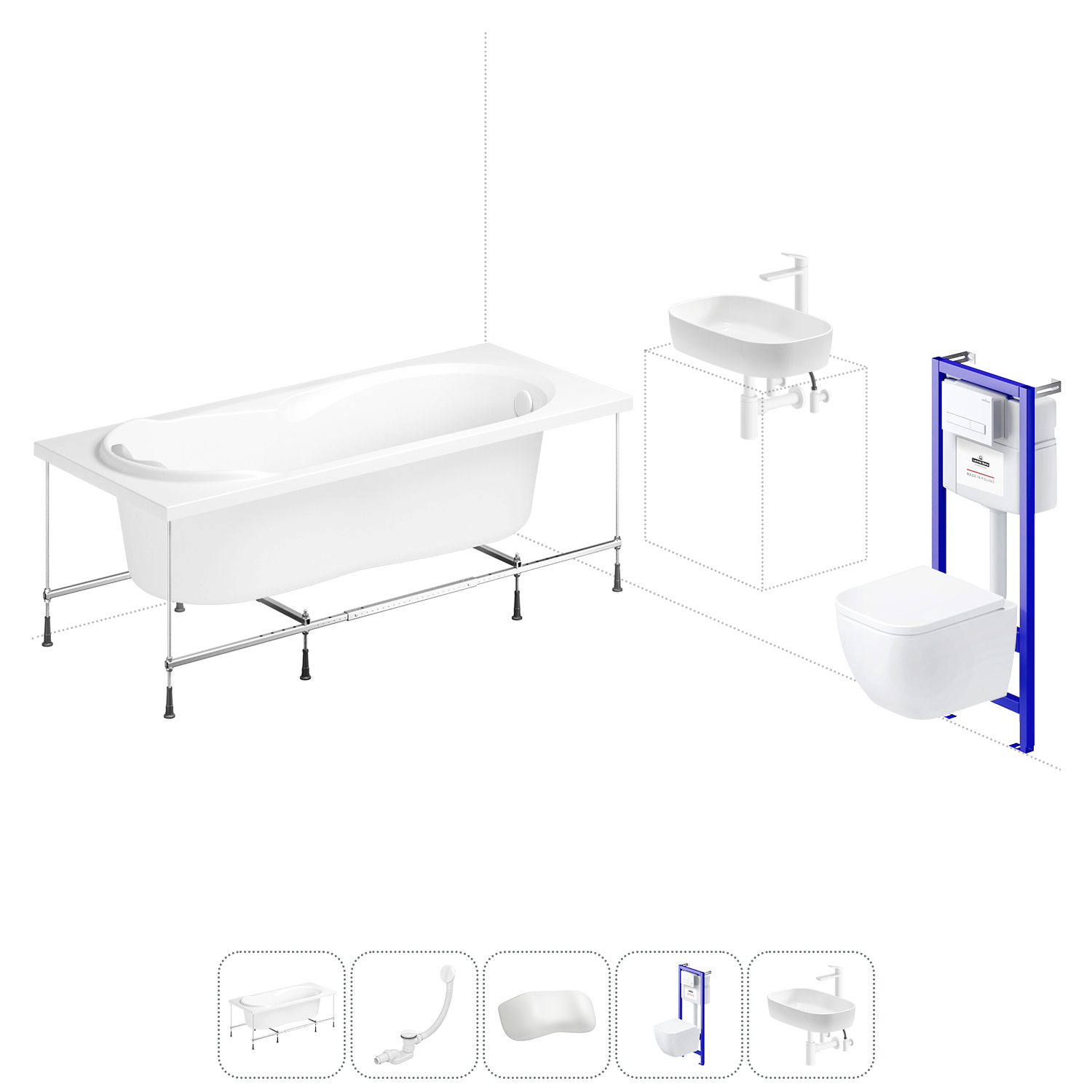 Изображение товара Ванна Lavinia Boho Bristol 20221343R 160x75 см акриловая с подвесным унитазом, инсталляцией и раковиной в комплекте