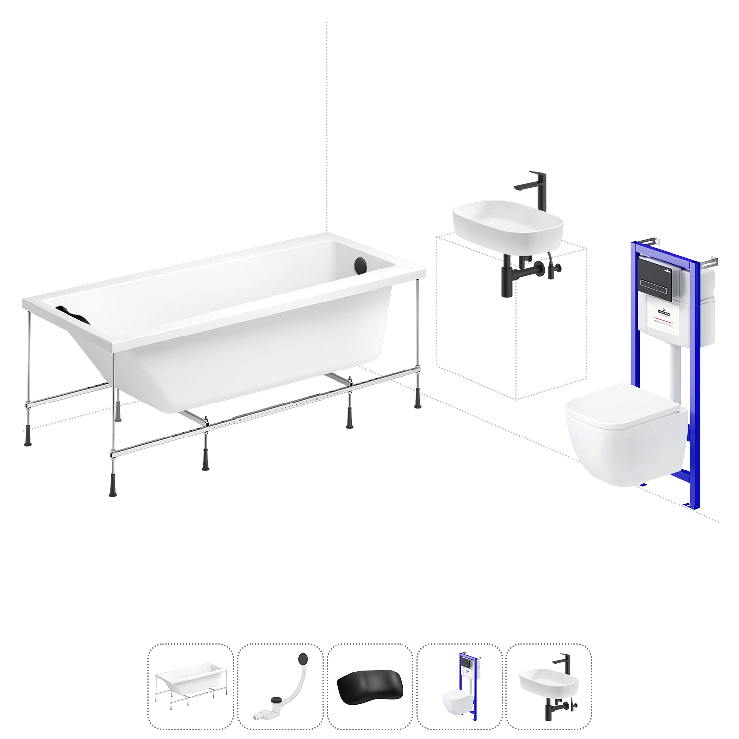 Изображение товара Ванна Lavinia Boho Easter Pro 20221328R 150x70 см акриловая с подвесным унитазом, инсталляцией и раковиной в комплекте