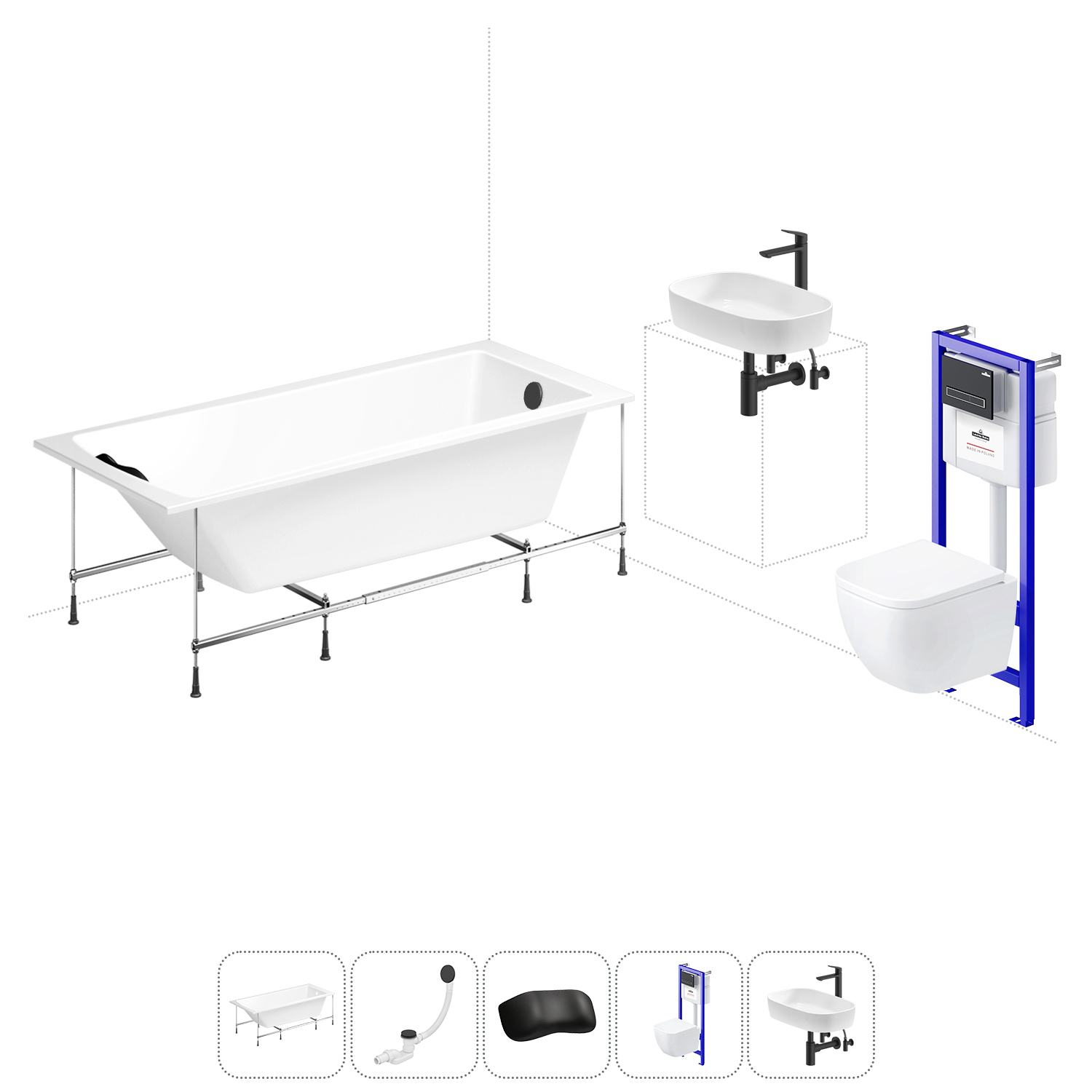 Изображение товара Ванна Lavinia Boho One 20221244R 180x80 см акриловая с подвесным унитазом, инсталляцией и раковиной в комплекте