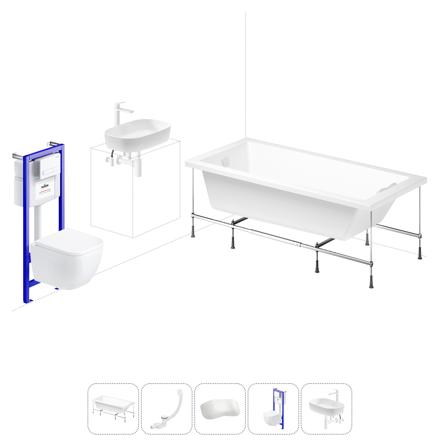 Изображение товара Ванна Lavinia Boho Evan 20221295R 180x80 см акриловая с подвесным унитазом, инсталляцией и раковиной в комплекте