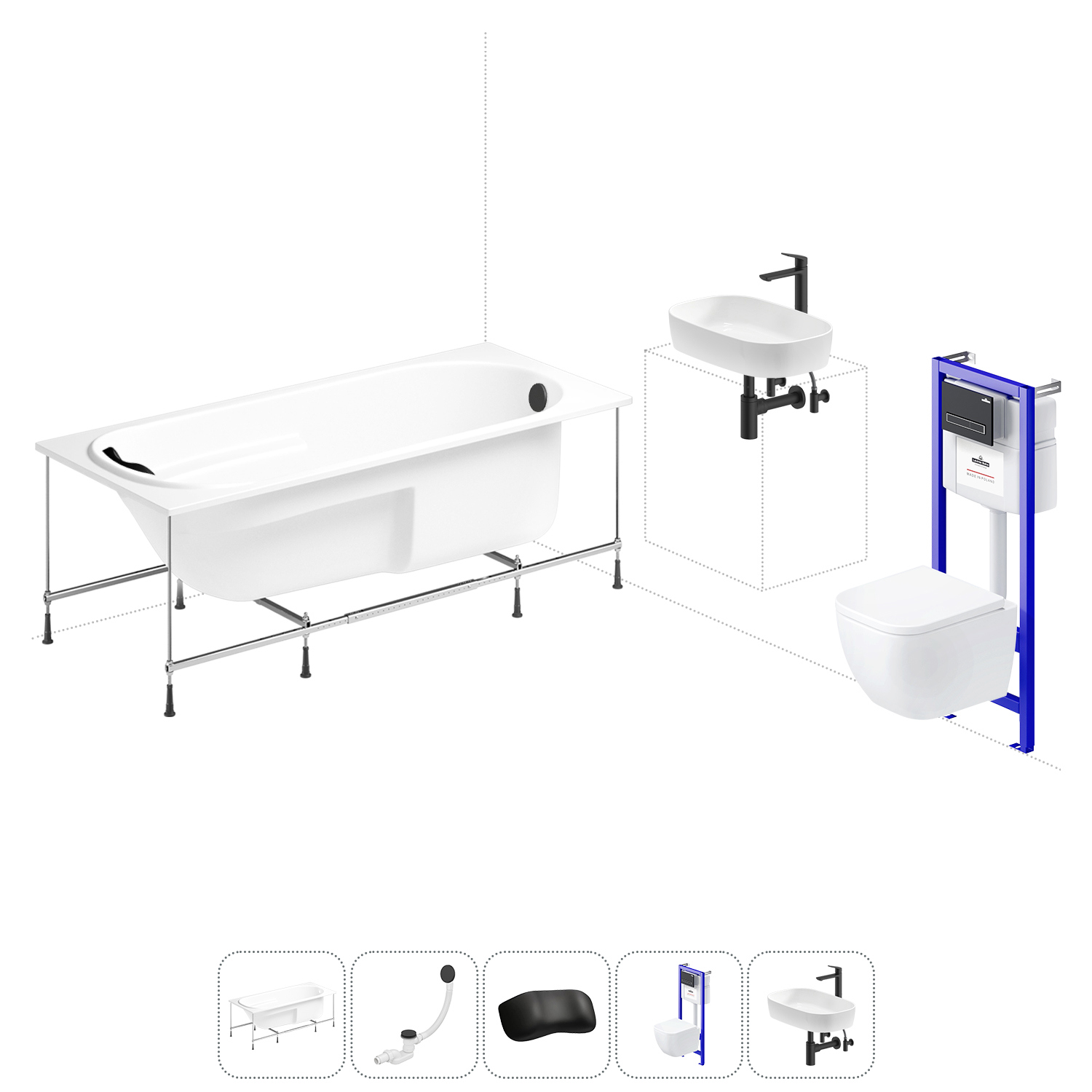 Изображение товара Ванна угловая Lavinia Boho Grance Hill 20221352R левая 170x105 см акриловая с подвесным унитазом, инсталляцией и раковиной в комплекте