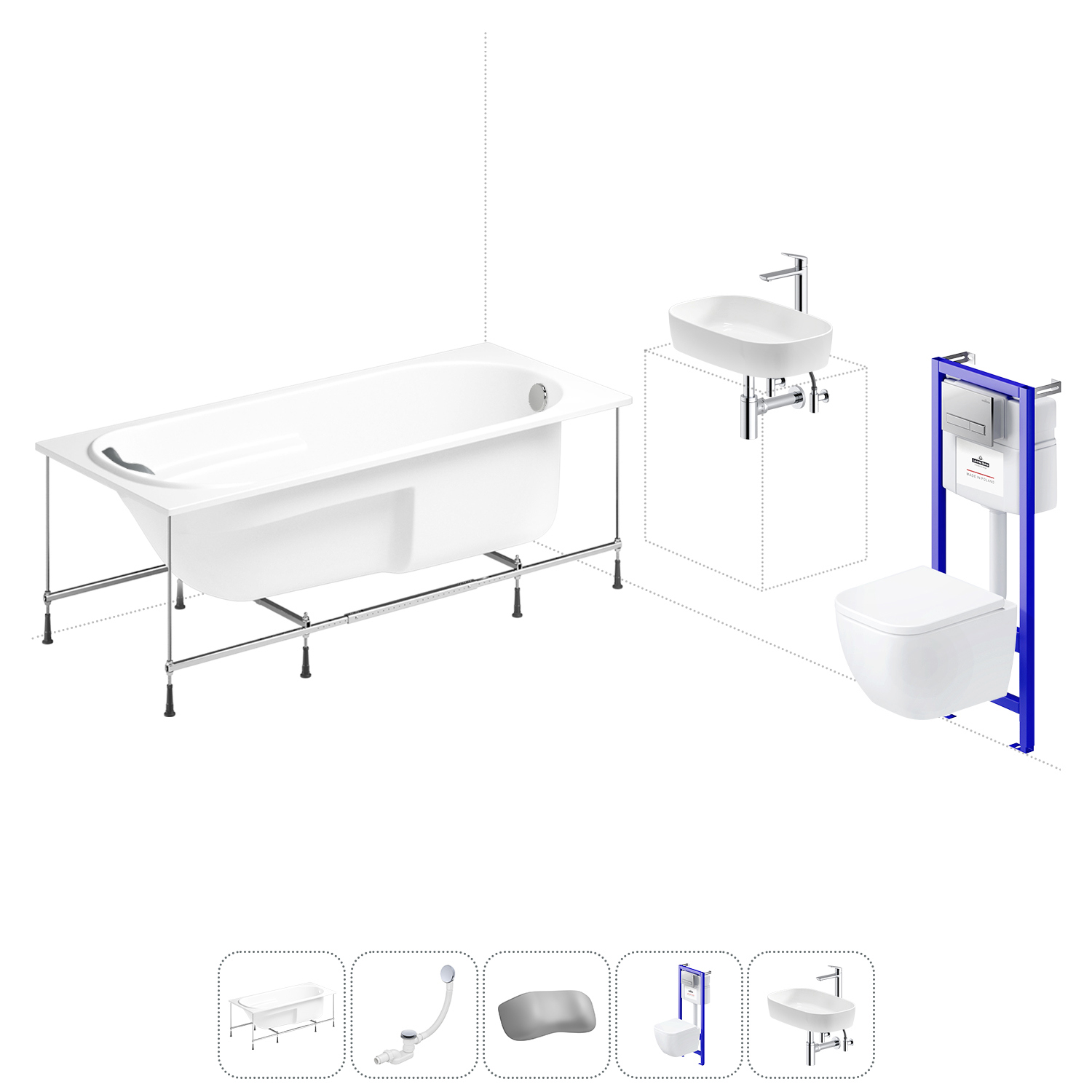 Изображение товара Ванна угловая Lavinia Boho Grance Hill 20221354R правая 170x105 см акриловая с подвесным унитазом, инсталляцией и раковиной в комплекте