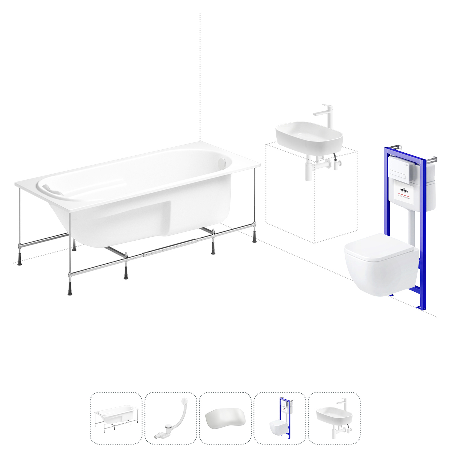 Изображение товара Ванна угловая Lavinia Boho Grance Hill 20221355R правая 170x105 см акриловая с подвесным унитазом, инсталляцией и раковиной в комплекте