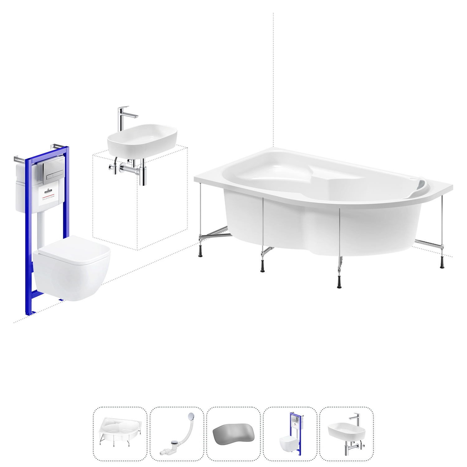 Изображение товара Ванна угловая Lavinia Boho Bell Pro 20221362R правая 140x95 см акриловая с подвесным унитазом, инсталляцией и раковиной в комплекте