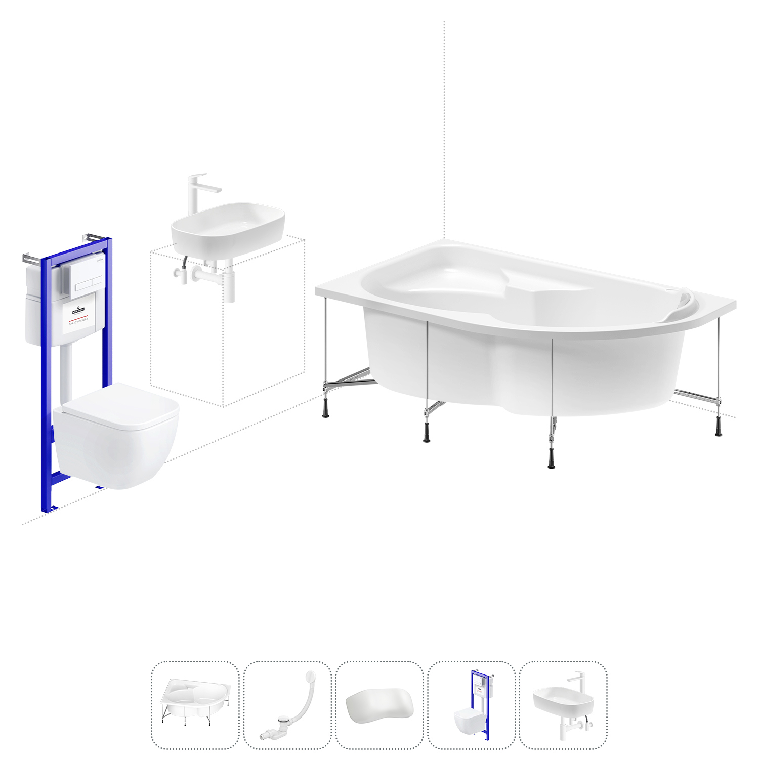 Изображение товара Ванна угловая Lavinia Boho Bell Pro 20221363R правая 140x95 см акриловая с подвесным унитазом, инсталляцией и раковиной в комплекте