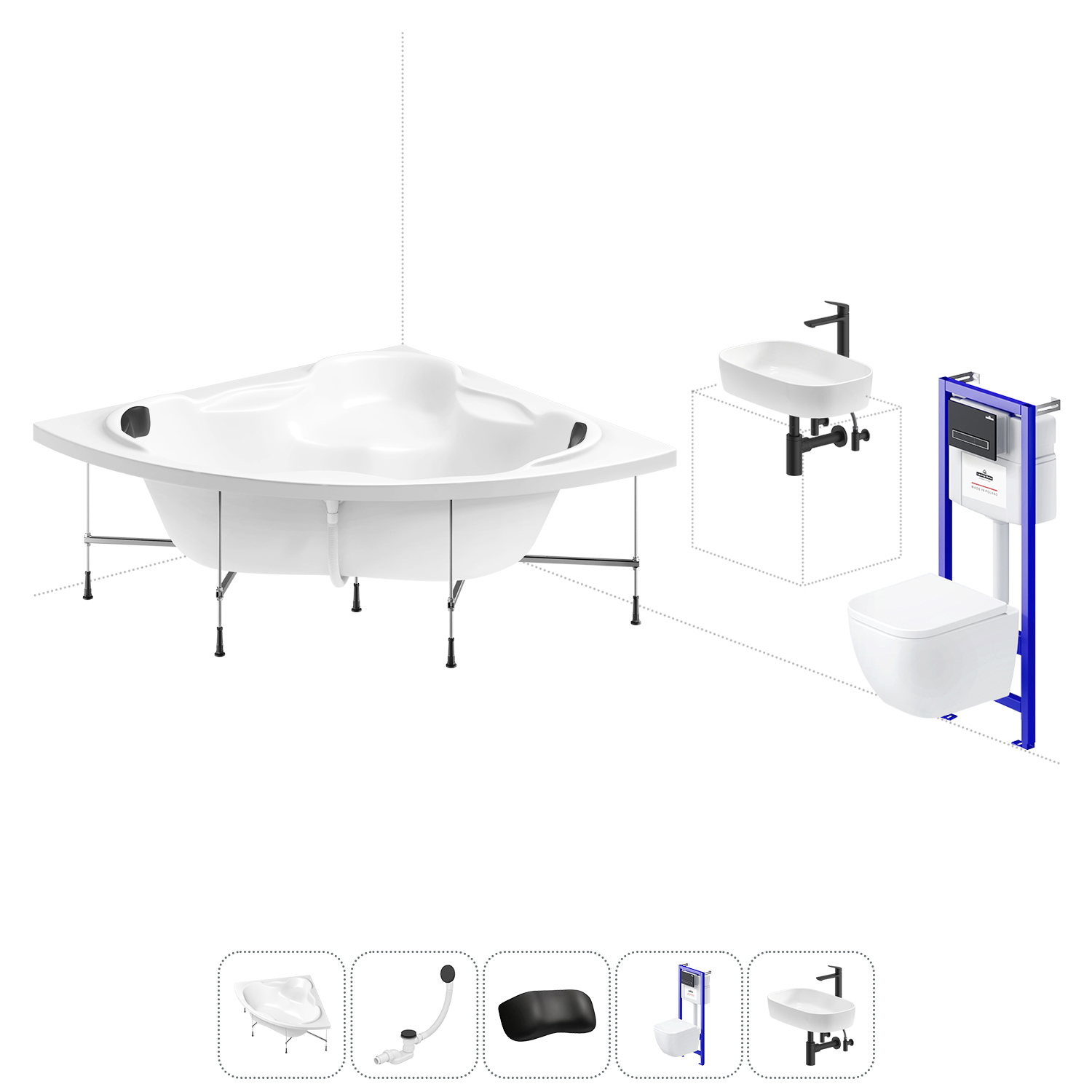 Изображение товара Ванна угловая Lavinia Boho Elegant 20221399R акриловая 140x140 с каркасом, подвесным унитазом, инсталляцией и раковиной