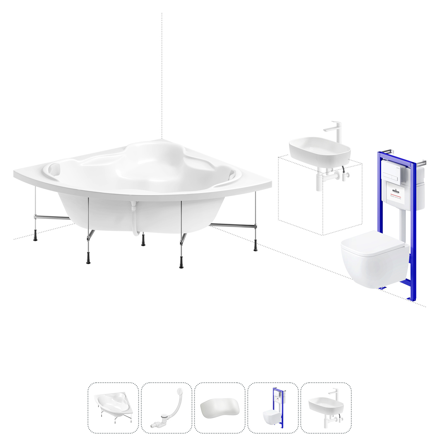 Изображение товара Ванна угловая Lavinia Boho Elegant 20221402R акриловая 150x150 с каркасом, подвесным унитазом, инсталляцией и раковиной в комплекте