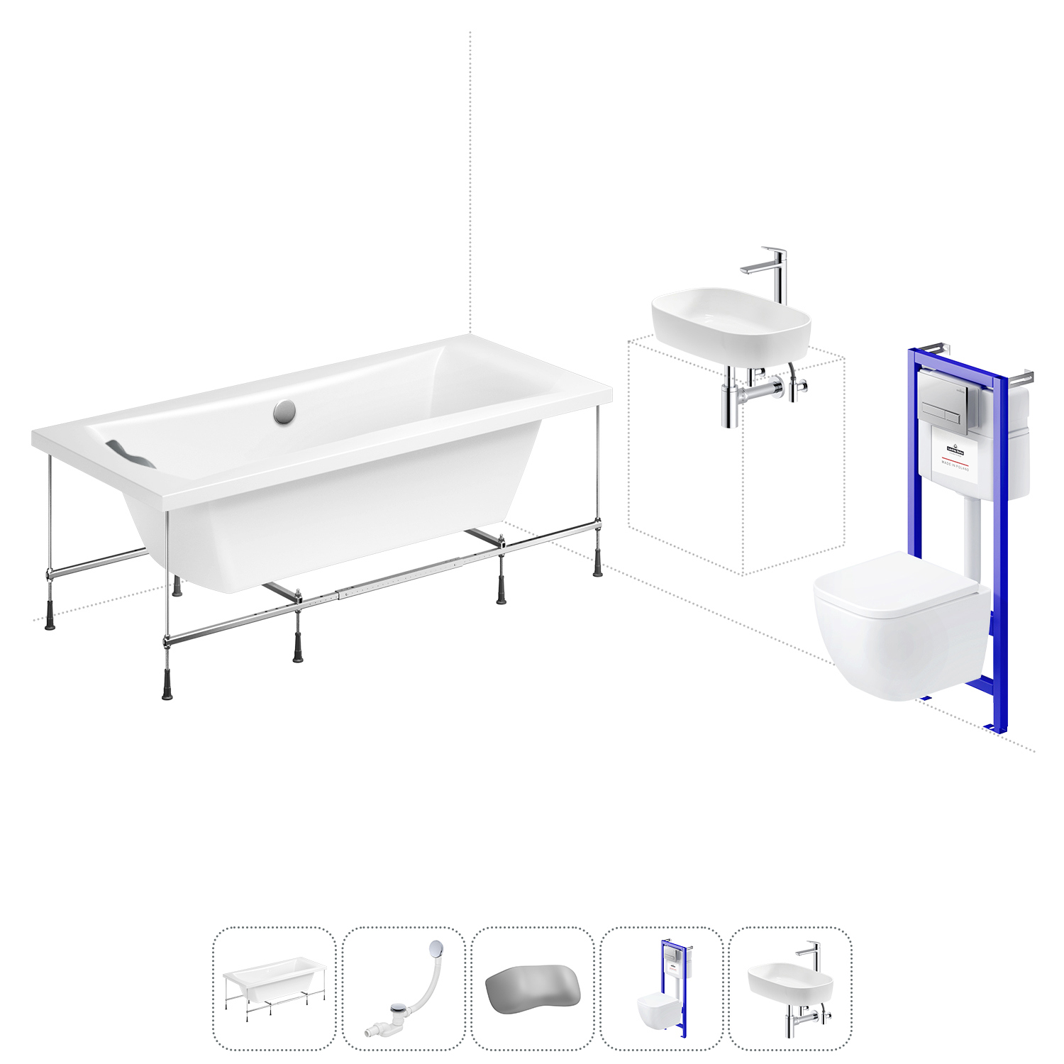 Изображение товара Ванна Lavinia Boho Pure 20221306R 170x75 см акриловая с подвесным унитазом, инсталляцией и раковиной в комплекте