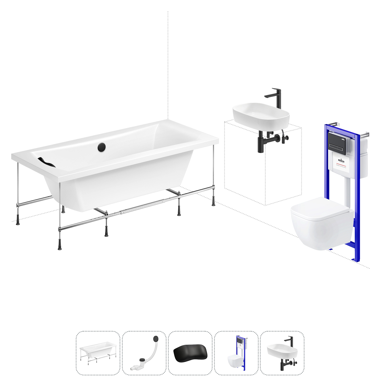 Изображение товара Ванна Lavinia Boho Pure 20221308R 170x75 см акриловая с подвесным унитазом, инсталляцией и раковиной в комплекте